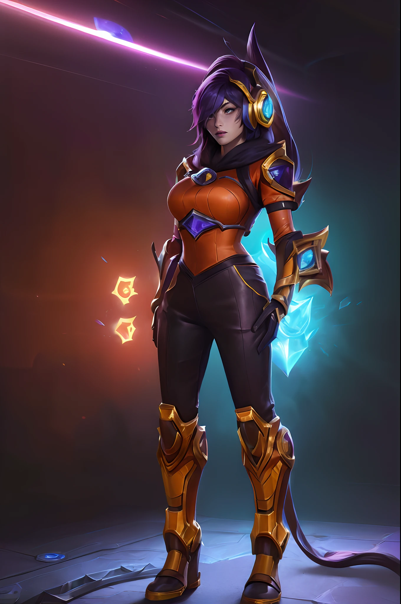 (League of Legends:1.5), [qty: :1], hair over shoulder,amber,orange,
simple background,
tachi-e,game_cg,
highres,
,solo,(heavy mecha musume:1.1),Mecha girl,
full-body,standing,applique,Battle suit,future science,