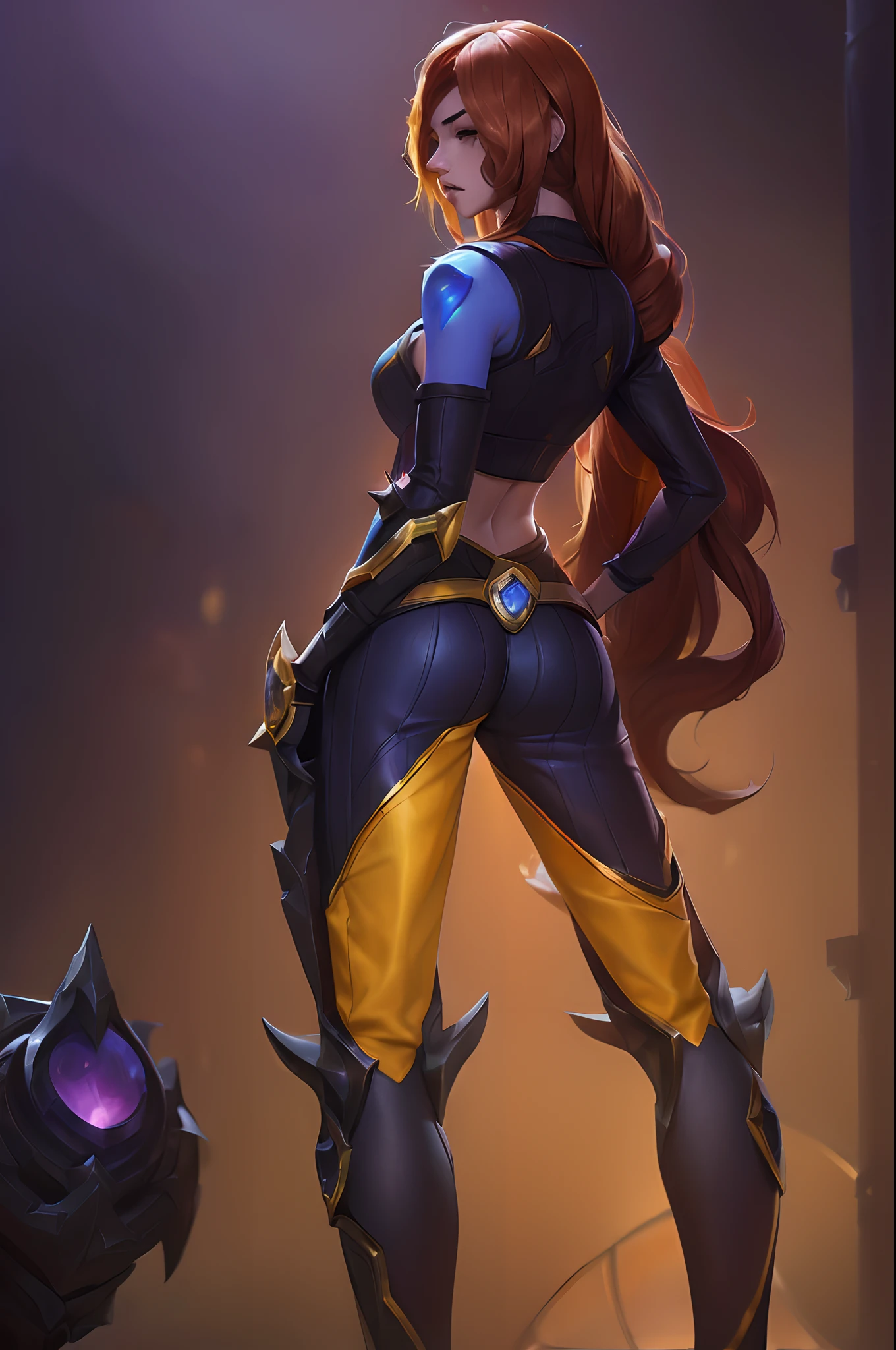 (League of Legends:1.5), [qty: :1], hair over shoulder,amber,orange,
simple background,
tachi-e,game_cg,
highres,
,solo,(heavy mecha musume:1.1),Mecha girl,
full-body,standing,applique,Battle suit,future science,