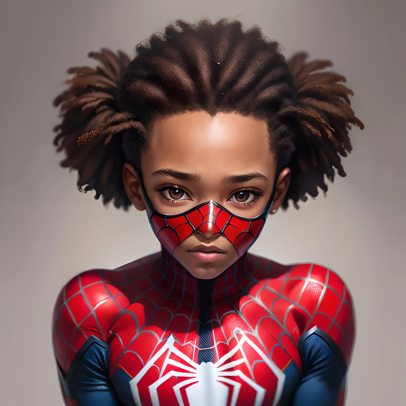 "Hyper-realistic painting of a 6-year-old Afro-descendant boy wearing the Spider-Man outfit with mask, mostrando sua roupa de homem aranha. Impressive precision in high-resolution detail. (pintura, rosto, superhero outfit, alta qualidade)"