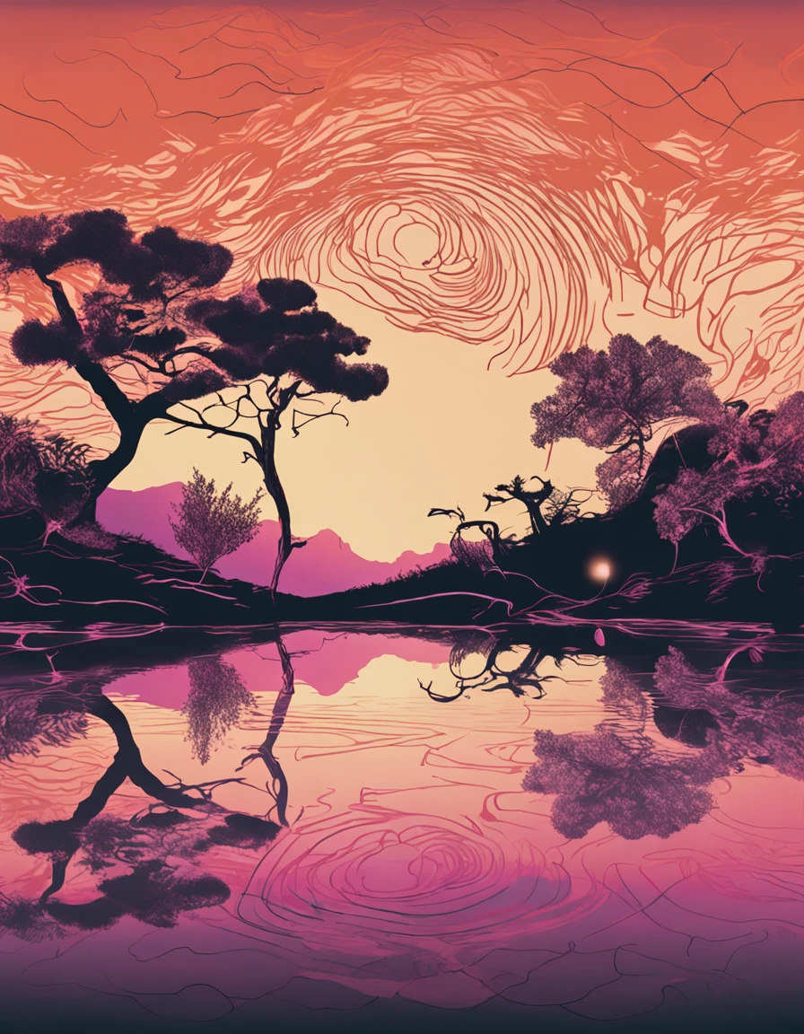 Artistic Photography of silhouettes, reflecting on a pond's surface, while Koi fish swim beneath, in a secluded garden during sunset, portraying duality and interplay of realms, low angle capturing the water's mirror effect, vibrant orange and purple sky hues, photographed by Masahisa Fukase, inspired by the delicate balance of Japanese gardens, invoking introspective thoughts, mesmerizing patterns of the rippling water, featured in contemporary art collections