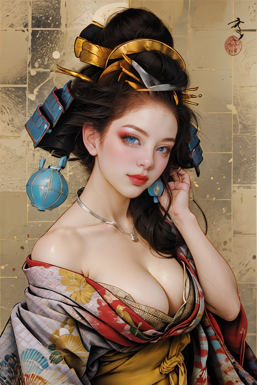 split-colored hair、ichiro、 1girl in, 独奏, blue eyess, A dark-haired, hair adornments, Hugged, cleavage of the breast, middlebreasts, florals, Komono, Kimono, off shoulders, manicure, makeup, lipsticks, Yellow background, red claw, eyeshadows, florals, hair stick, Kanzashi, Comb,