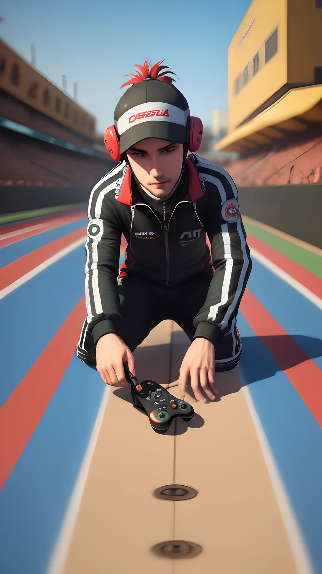 Please create an image with a video game controller on a track of a mobtanha