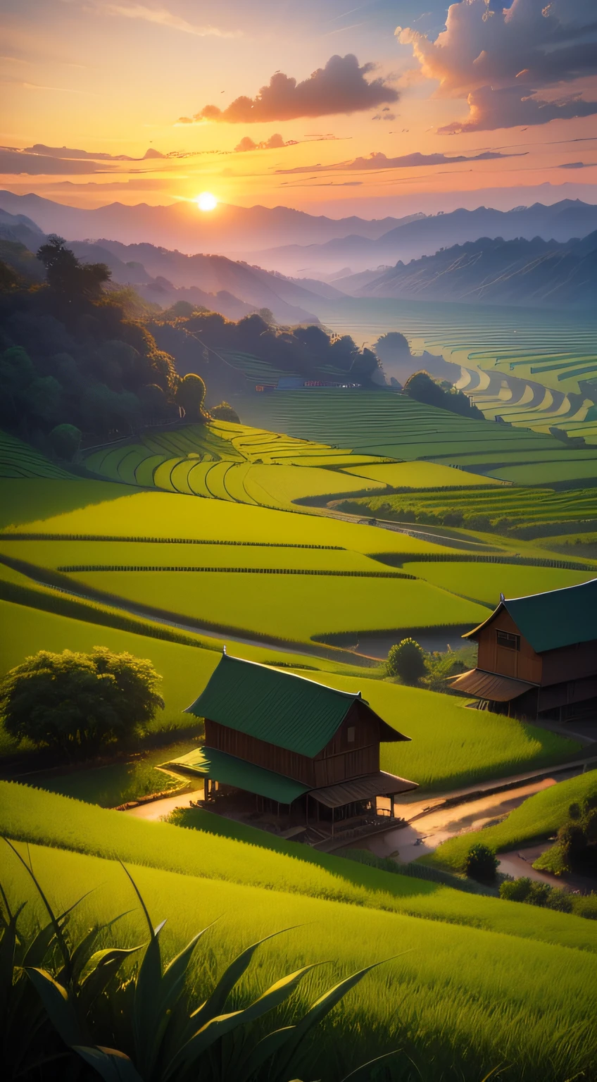 sunset view, rural myanmar village, green rice field, HD detail,hyper detail, cinematic ray tracing and surrealism