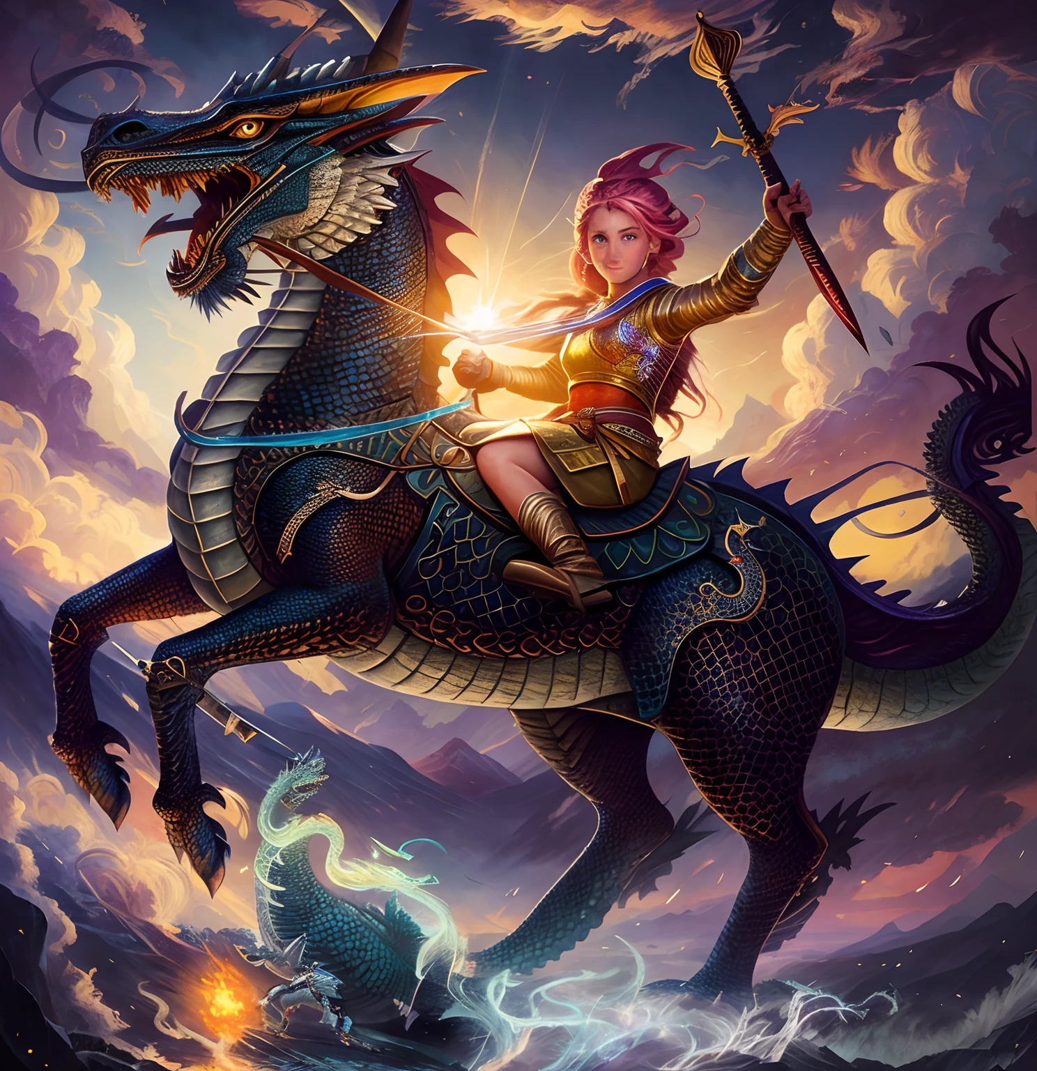 Painting of a woman riding a horse with a sword and dragon, Dragon Rider, Dragon Ride, android jones and rhads, epic fantasy digital art style, teenage girl riding a dragon, Fat vs Dragons. passenger, Children's art in art, Epic Fantasy Illustration, Jesus rides a dragon, by Adam Marczyński, digital painting greek mythology
