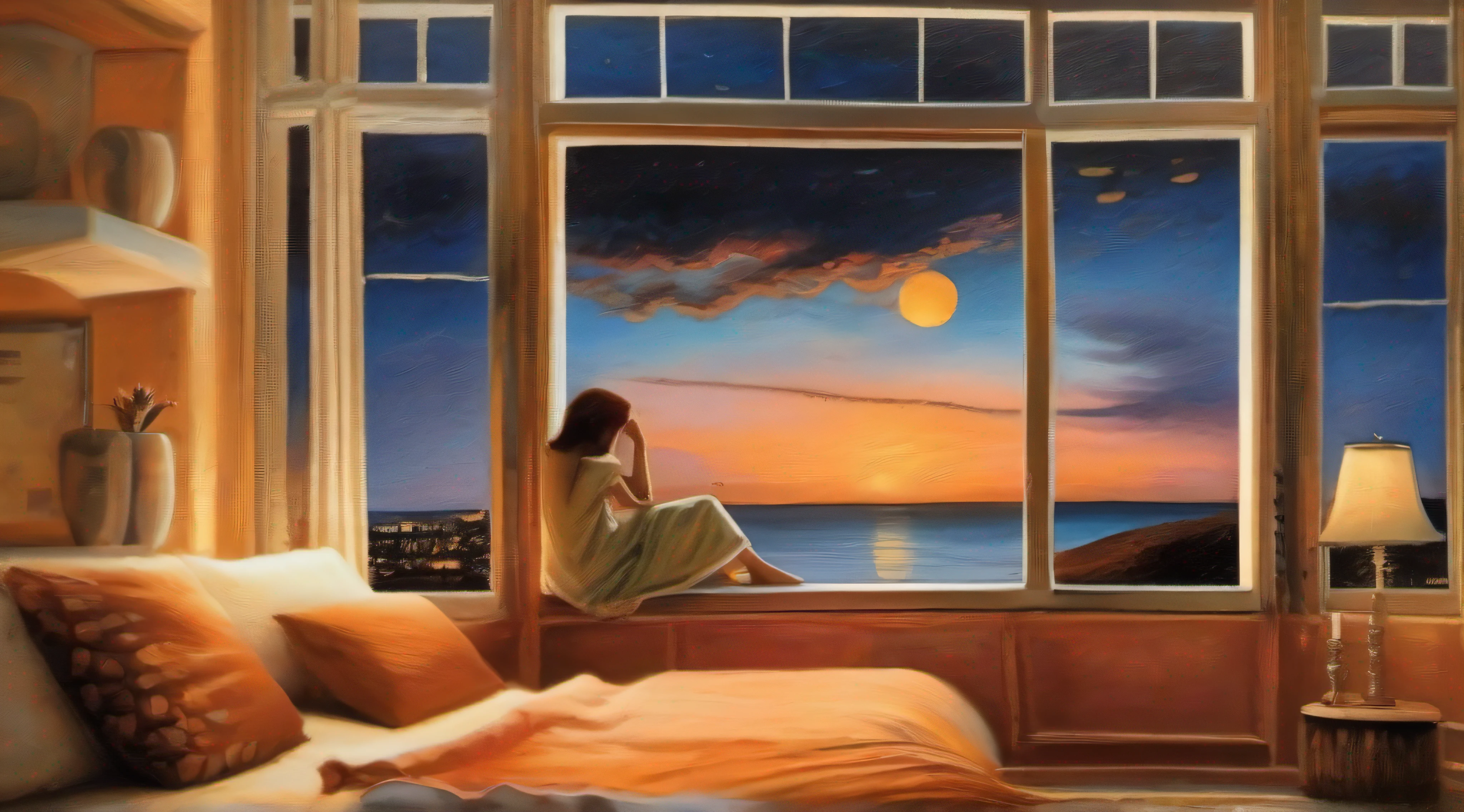 Um casal sentado em uma casa de madeira azul claro, olhando para as luzes da cidade ao entardecer. The sky is dyed orange, creating a warm and romantic atmosphere. The style of the painting is watercolor, inspirado em Van Gogh, with pastel tones that capture the softness of ambient light. The scene is focused on the relationship between the couple and the serene beauty of the city in the background