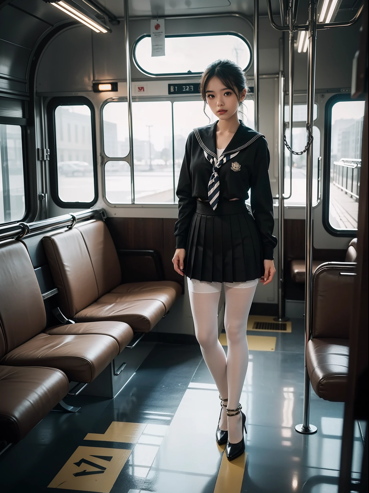 (full body:1.5),((girl):1.4),(view the viewer:1.4),(anatomy correct:1.3),(Sitting on a bus:1.2),(A Brown and tan Sailor suit and checkered high waisted pleated skirt :1.2),((white Pantyhose):1.32),( girl pointed thick heels :1.1),((Metal shackles and handcuffs):1.3),(Accurate and perfect face:1.3),hyper HD, Ray traching, reflective light, structurally correct, Award-Awarded, high detail, lighten shade contrast, Face lighting ,cinematic lighting, masterpiece, super detailing, high quality, high detail, best quality, 16k,High contrast,