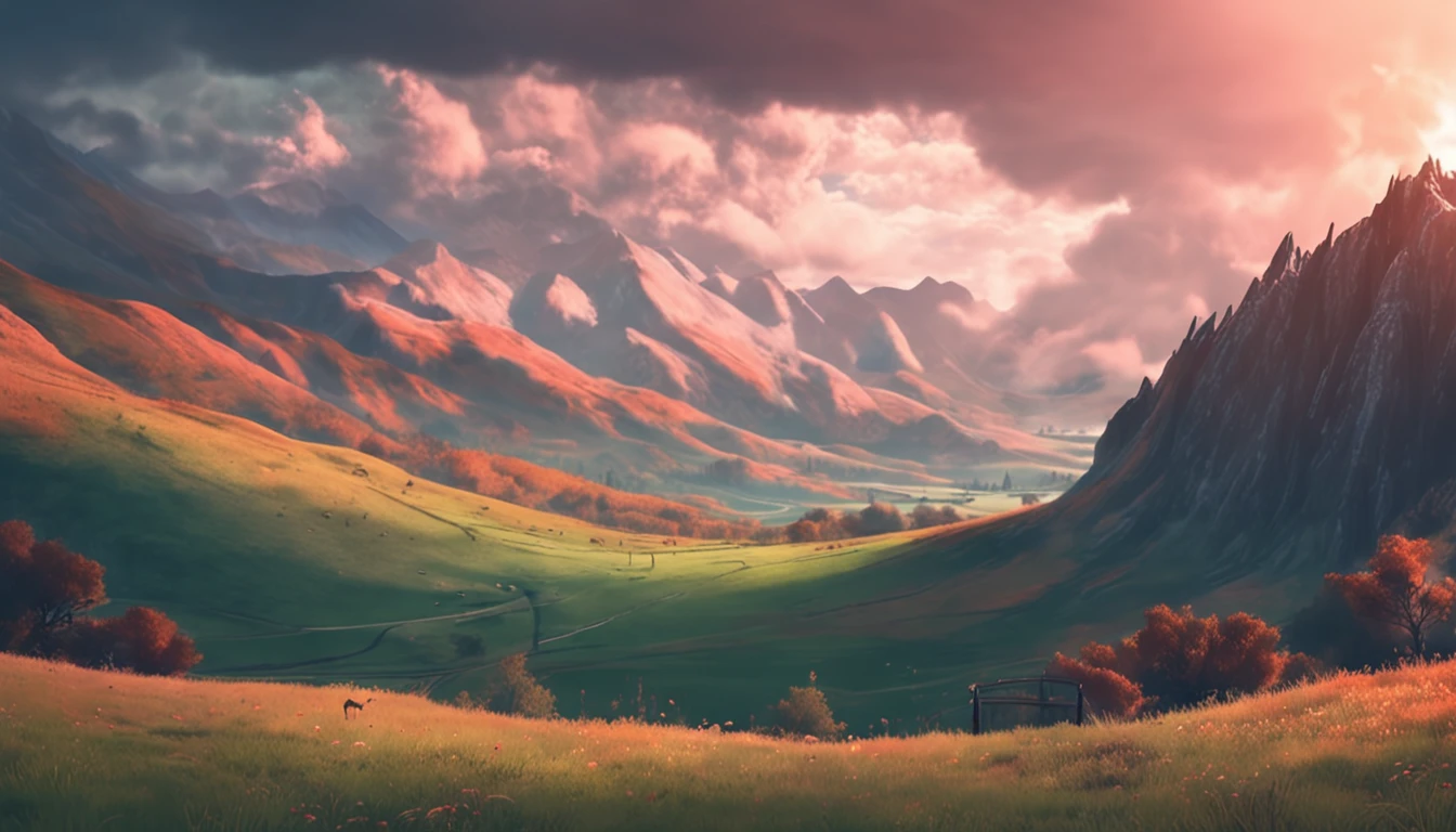 ghibli style, beautiful sky with mountains and meadow, 4k wallpaper. Rainy atmosphere, evoking a moody and desolate future."
