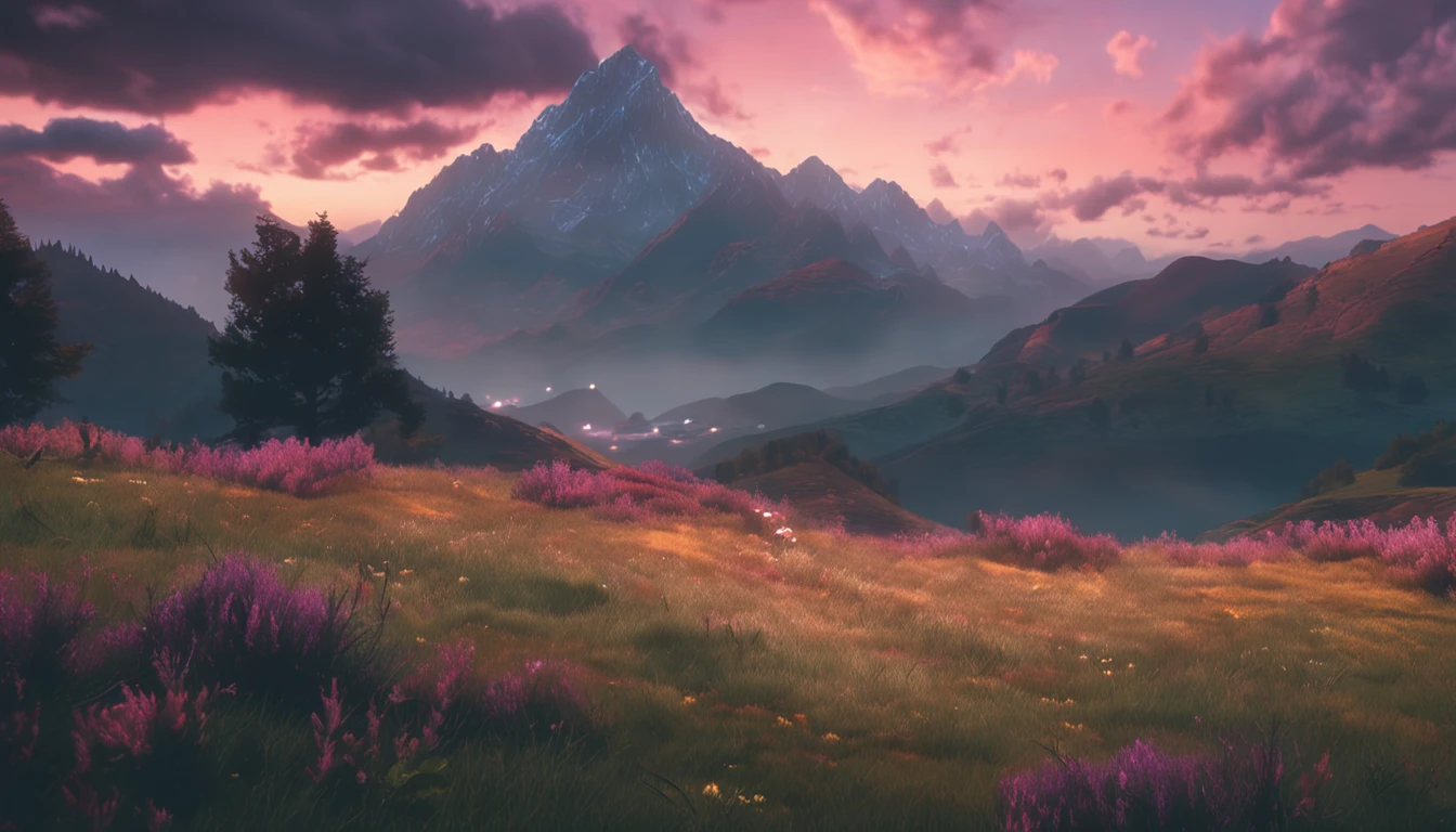 ghibli style, beautiful sky with mountains and meadow, 4k wallpaper. Rainy atmosphere, evoking a moody and desolate future."