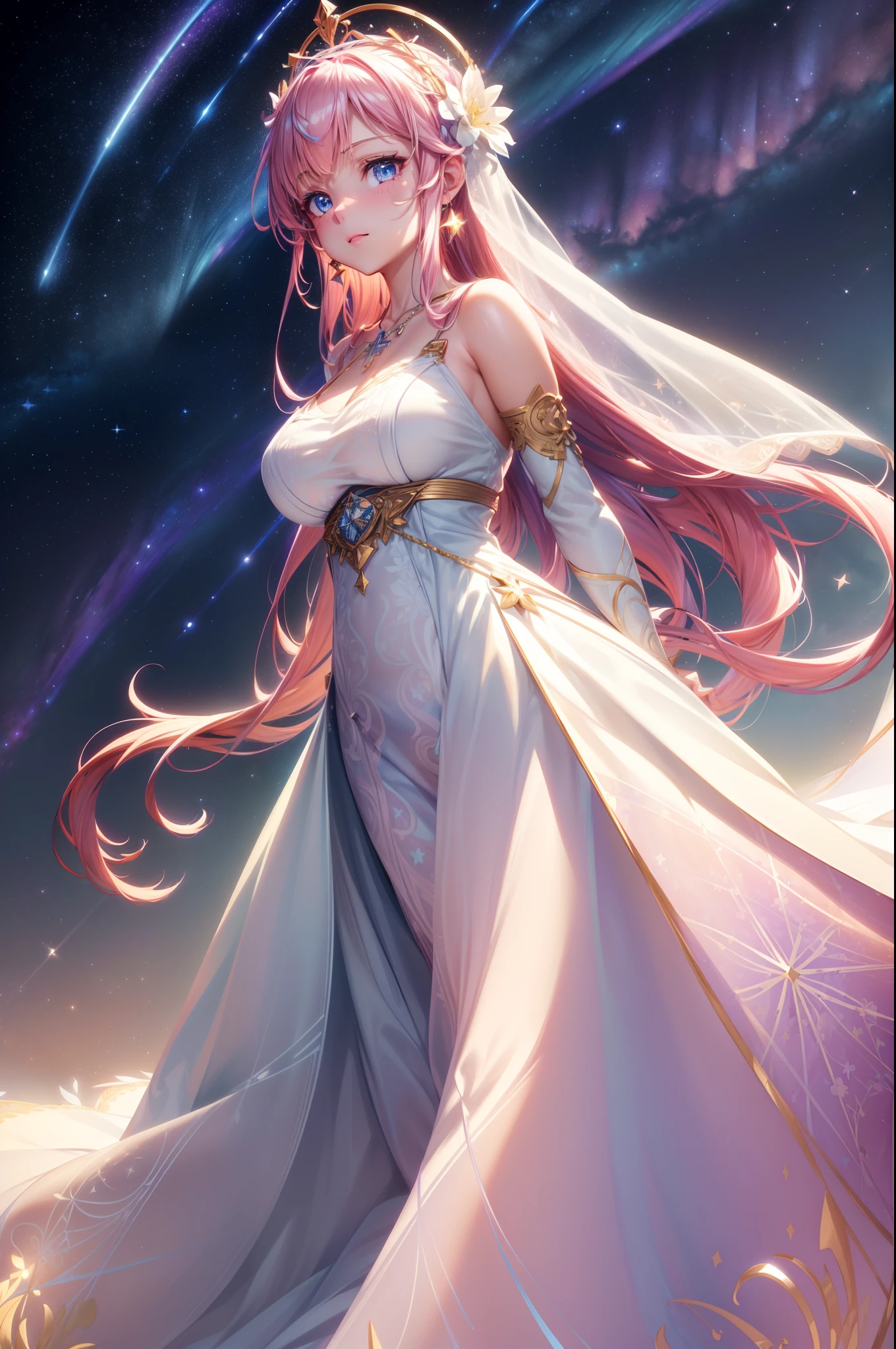 colorful startrails,(floating white feathers),violet,(((((masterpiece))))),(((((highres))))),solo,(hair spread out),((floating hair)),pink hair,blue_eyes,standing,large breast,((beautiful detailed dress, flower pattern in dress,white gow)),bridal gauntlets,ribbon,hair ribbon,hair flower,veil,beautiful detailed sky,glowing light,ray tracing,reflection light,depthoffield,((((arms behind back)))),flowers meadows,mountain,(((((character design))))),(((((extremely detailed CG unity 8k wallpaper))))),cross necklace,tiara,earrings,bridal veil,suspenders,starry sky,clusters of stars,starry sky,glinting stars,,expressionless,neat figure,