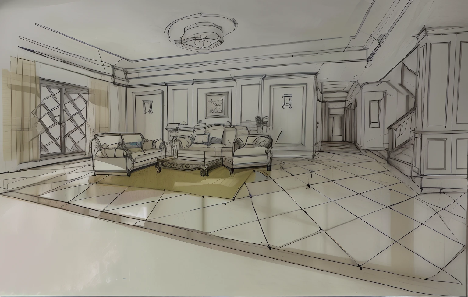 a drawing of a living room with a couch and a chair, interior living room, 3 d point perspective, interior background art, Interior design, sketch illustratio, building rendering, 2 point perspective, Architectural sketch, 6 point perspective, 5 point perspective, interior design architecture, living room interior design, 1-point perspective, one-point perspective, faded drawing, point perspective