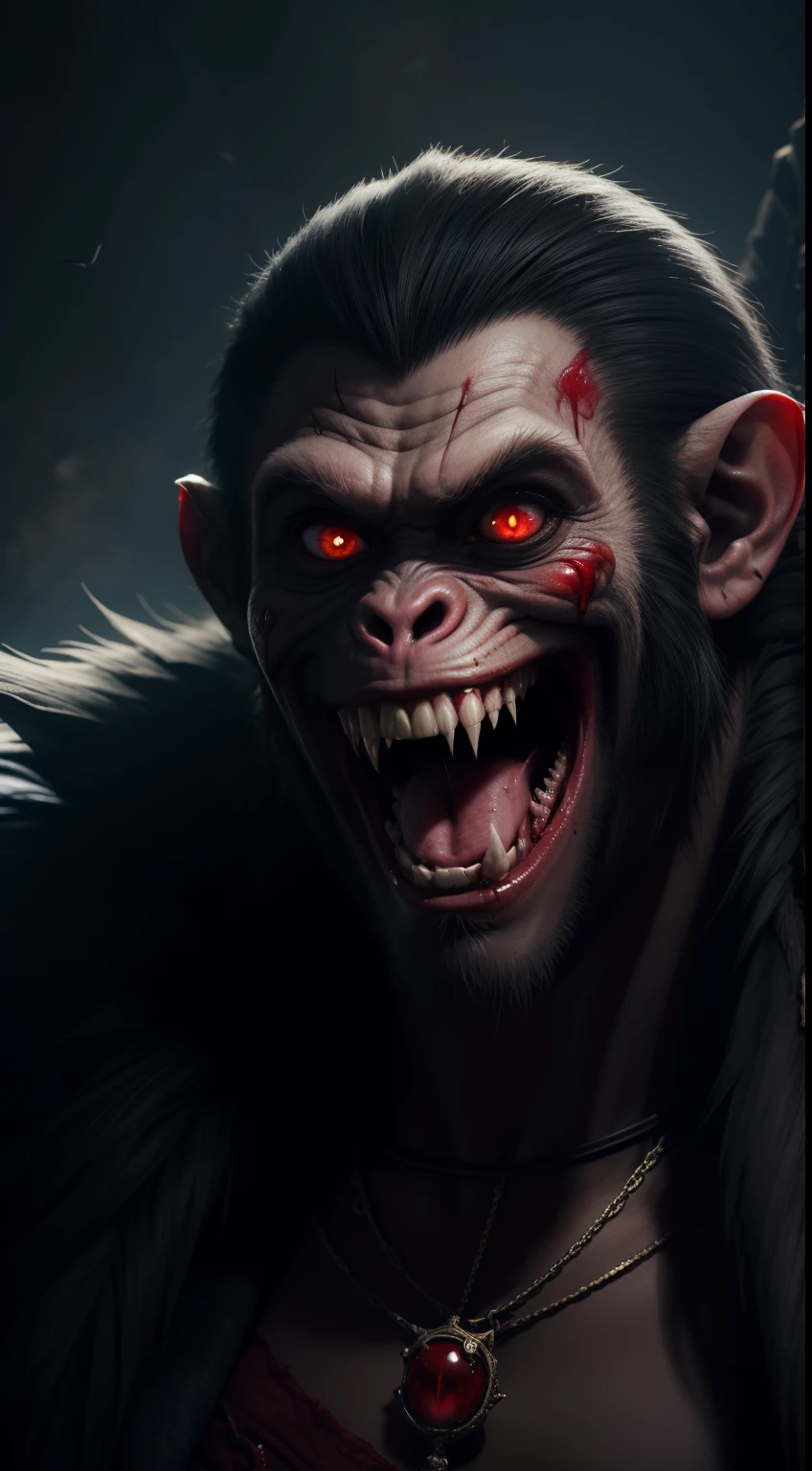vampire, monkey face, gloomy eyes, blood castle background, laughing, bleeding fangs, bloody, creepy, Animal Anthropomorphism, realistic digital, humanoid, abstract background, global illumination, intricate, epic, dramatic, masterpiece, high detail, best quality, ultra high res