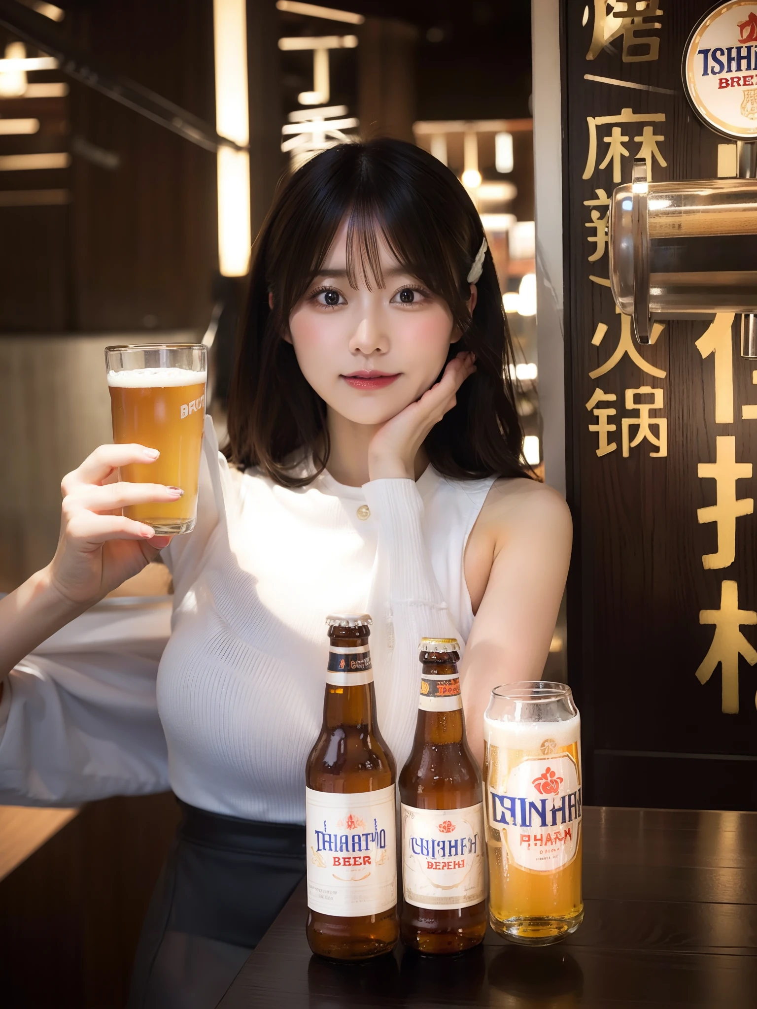 Japan woman drinking beer、huge tit