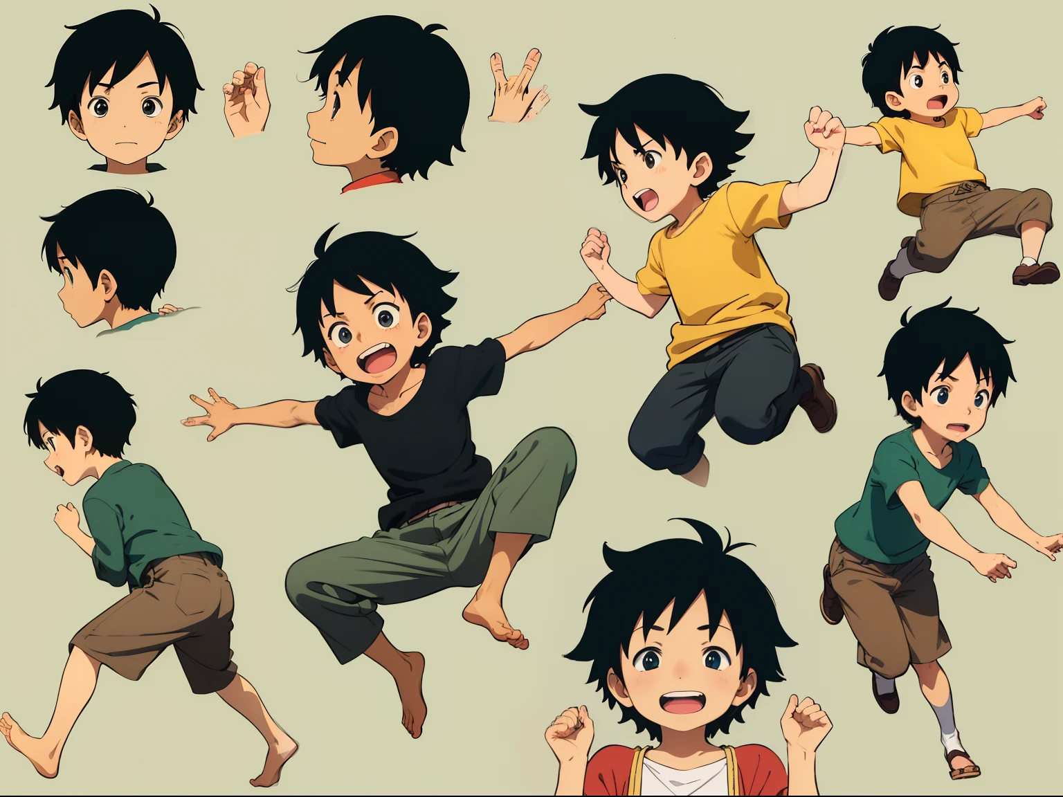 boy, light black hair, short hairstyle, jumping, character seet, Multiple pose and expressions, different angles, organizing, ghibli style, childrens book, meny character,