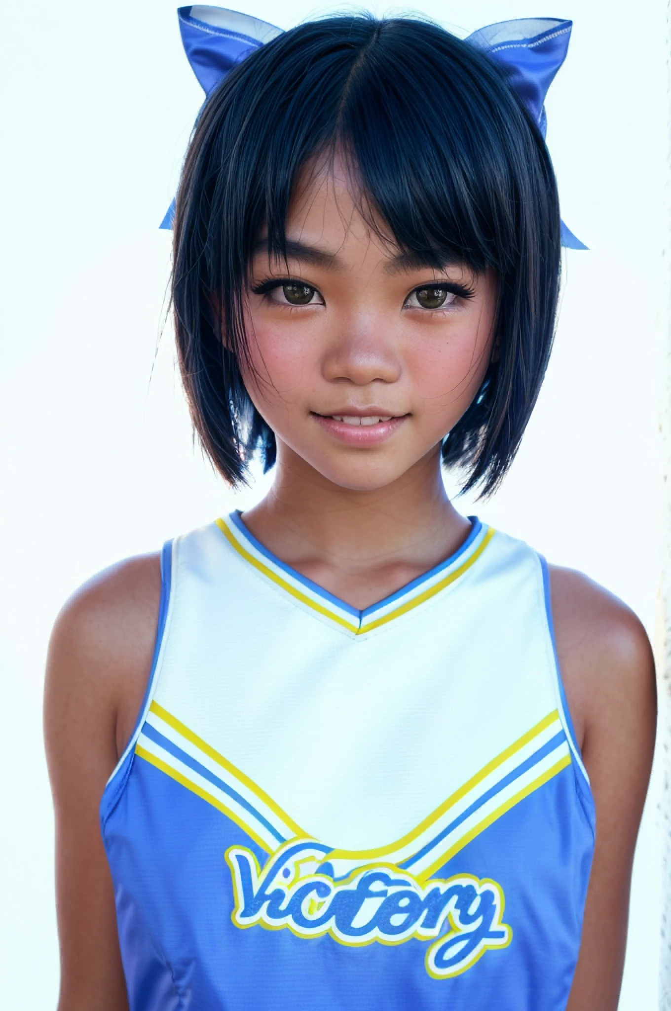 Lifestyle photography photo of a filipina  in a cheerleader uniform, hair bow, (dark skin), bob haircut, smile,looking at viewer, dark brown eyes, pupils, upper body framing, no background, under (natural lighting:1.3), shot at eye level, on a Sony A7111, with a (soft focus filter:1.3)