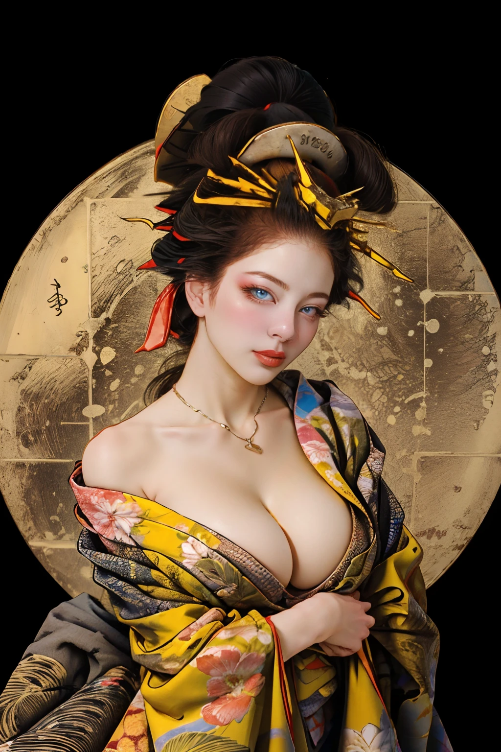 split-colored hair、ichiro、 1girl in, Cowboy Shot、独奏, blue eyess, A dark-haired, hair adornments, Hugged, cleavage of the breast, middlebreast, Clean curves、florals, komono, kimono, off shoulders, manicure, makeup, lipsticks, yellow background, red claw, eyeshadows, florals, hair stick, kanzashi, comb,Glossy, Bewitching,