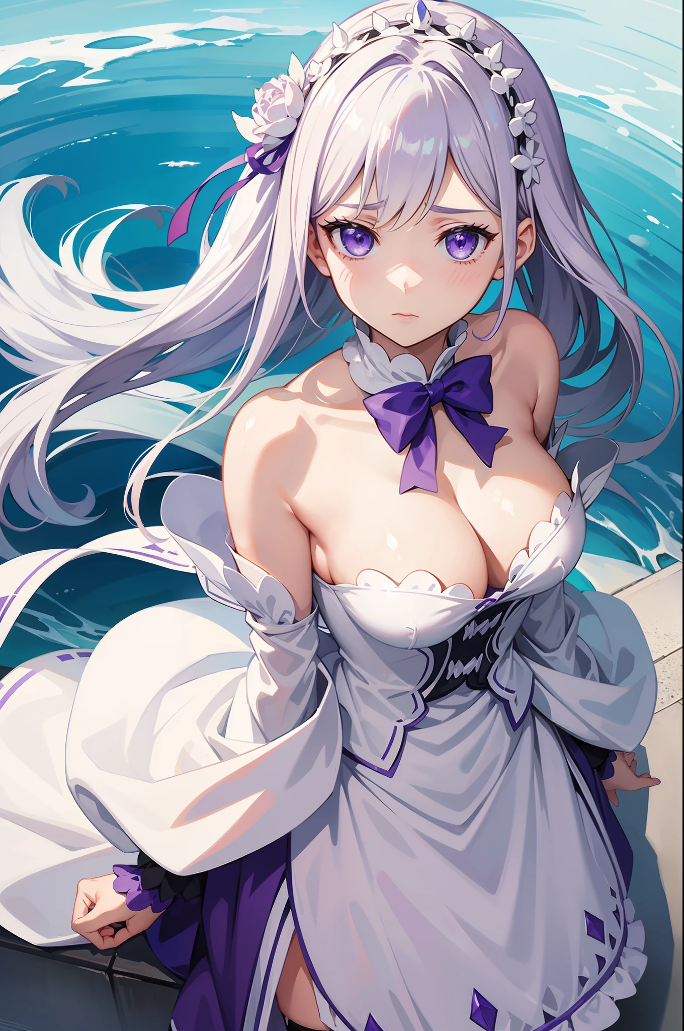 Emilia Re:Zero kara Hajimeru Isekai Seikatsu, shame face, white and purple color 9's pistil suit,