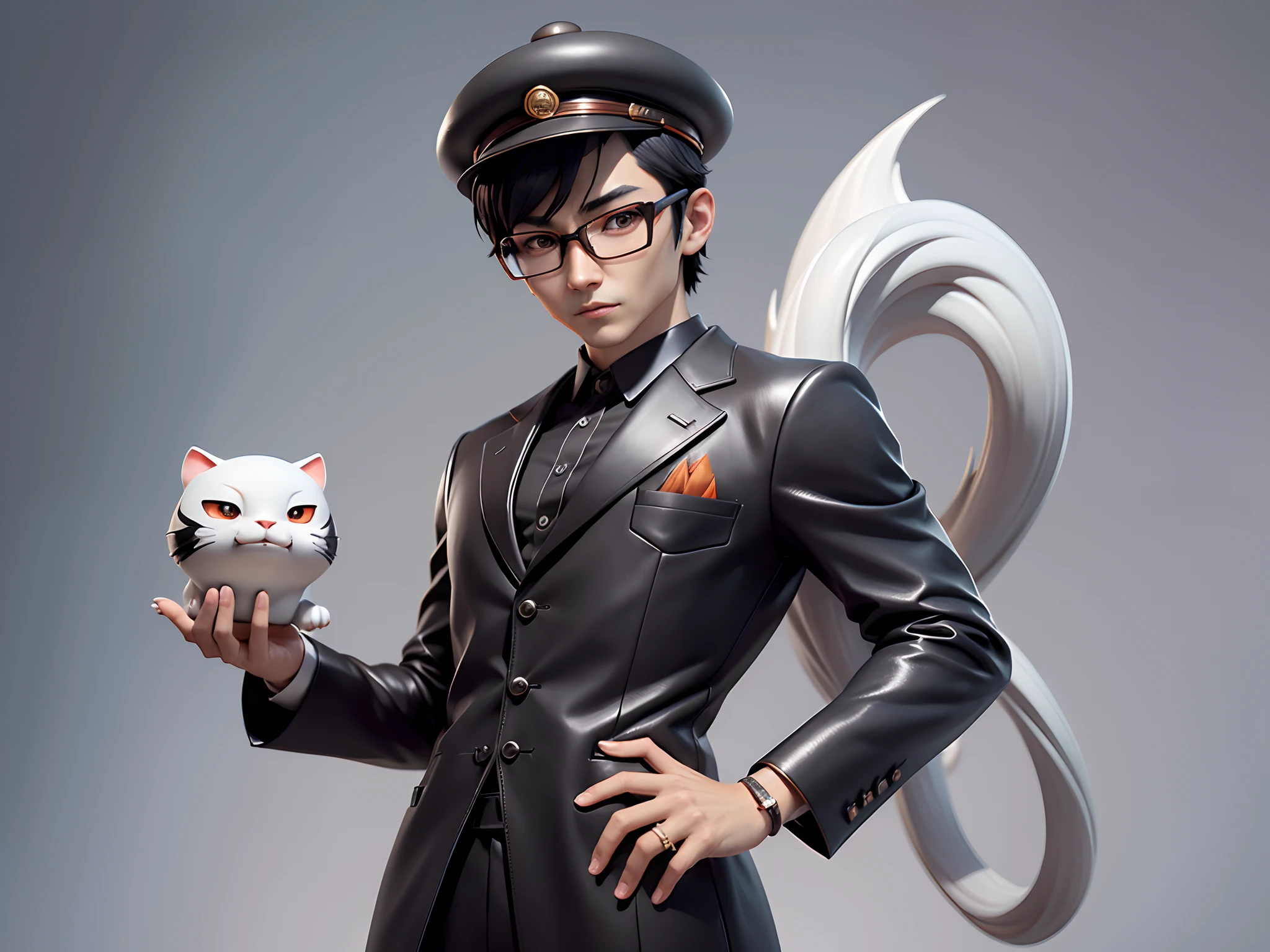 Young man with oriental face in leather hat, tiger, oriental face in formal suit, short black hair, silver glasses, digital painting, 3D character design by Mark Clairedon and Pixar and Hayao Miyazaki and Akira Toriyama, the illustration is a high-definition illustration in 4K resolution with very detailed facial features and cartoon-style visuals.