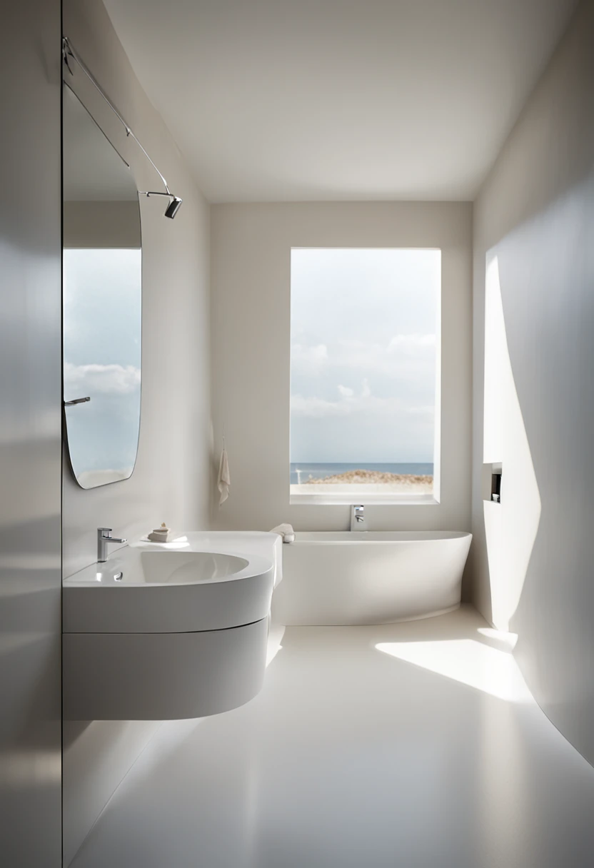 Curved toilet sitting under a sink in a bathroom, Clean, smooth, crisp lines, Crisp and clean shapes, Minimalista moderno, simplista, perfect design, Serene emotion, blanco elegante, sense of depth, Imagen detallada, miniatura, slick design, Minimalismo elegante, minimalist design, Minimalista moderno F 2 0 limpio, Dezeen, s clean lines