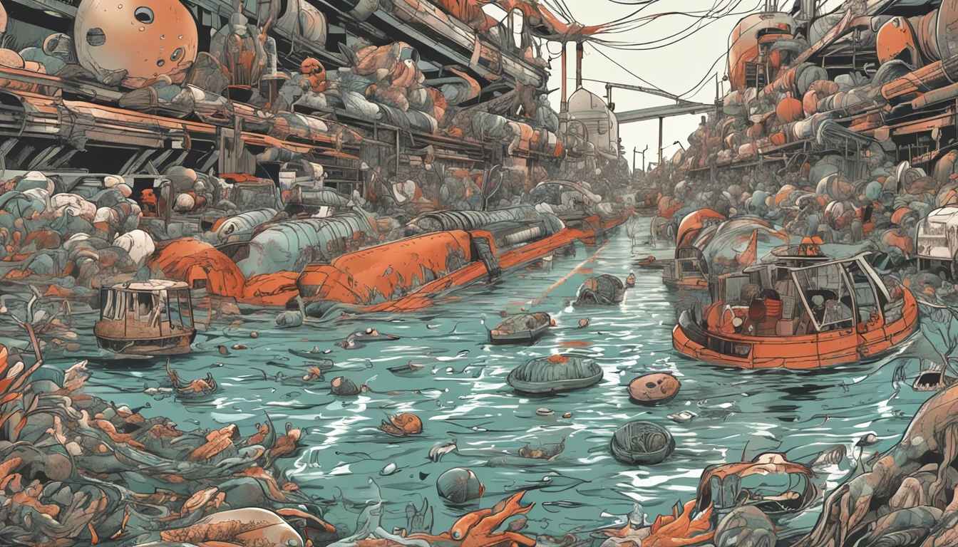 Mutations in marine biogenes+(radiating:1.2)、Japan vessels、Sewage pipes+(nuclear power plant:1.1)、Green sewage,Sleeping floating dead fish rotten shrimp