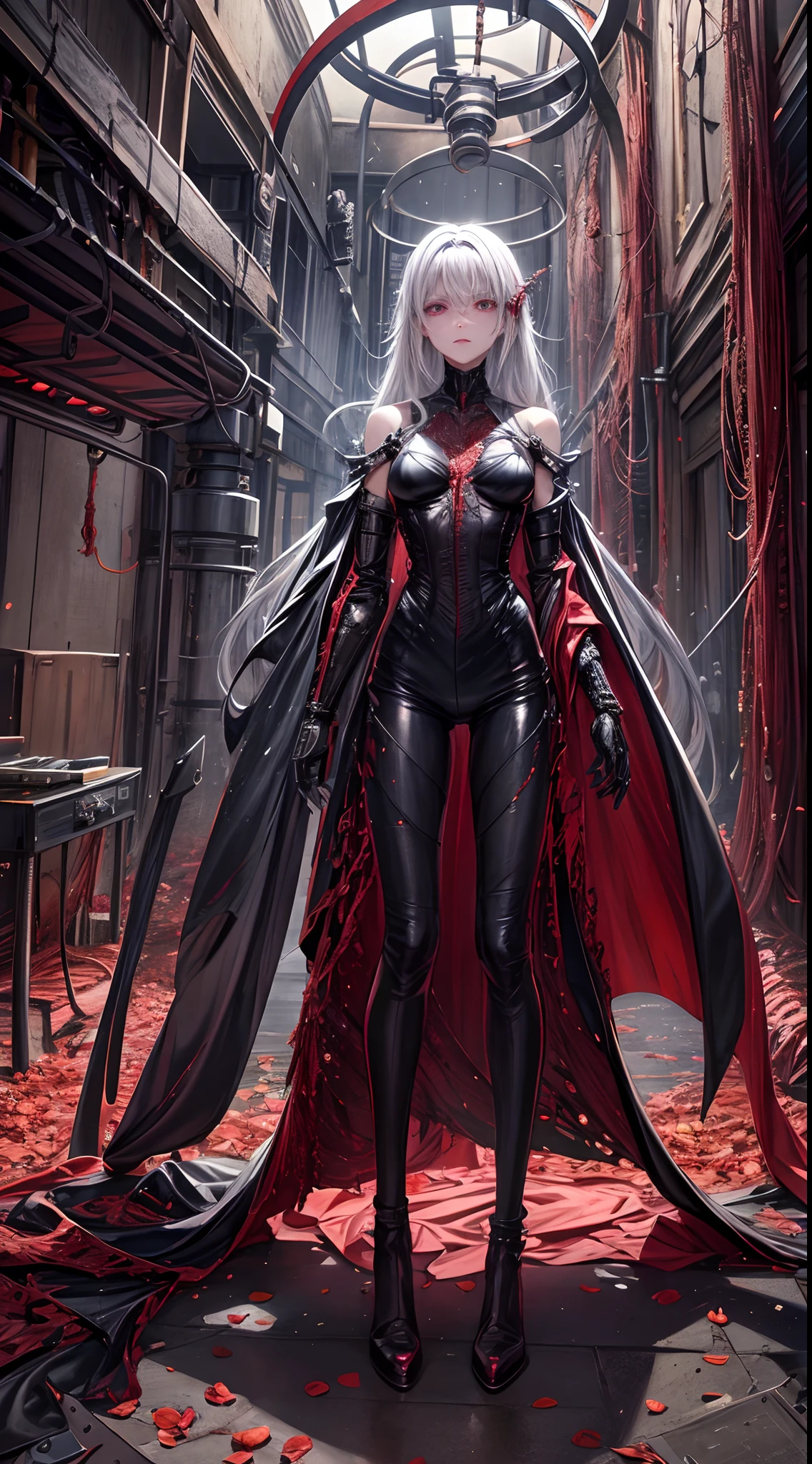 (((tmasterpiece))),Full body like, ((best qualtiy)), (super detailing), (CG illustration), (Very evil and beautiful)), cinematric light, ((1 mechanical girl)), slips, (Mechanical art: 1.4), ((Mechanical limb)), (Blood vessel attached to tube), ((The mechanical spine is attached to the back)), ((The mechanical cervical vertebrae are attached to the neck), (facing away from the audience)), face expressionless, ( wires and cables attached to head and body: 1.5), scientific fiction, apocalytic, 废墟, (lower body integrated with mechanical devices), (bloods: 1.5), brutality, hoang lap, , fusion with machines, Doomsday time, Super Future, inorganic, Lab Room, restraind, (Beautiful indulgence: 1.2), (1 rapariga: 1.3),Bursting blood vessels,blood splattere, body wrapped around mechanical tentacles,The steel pipe is forked out of the mouth!