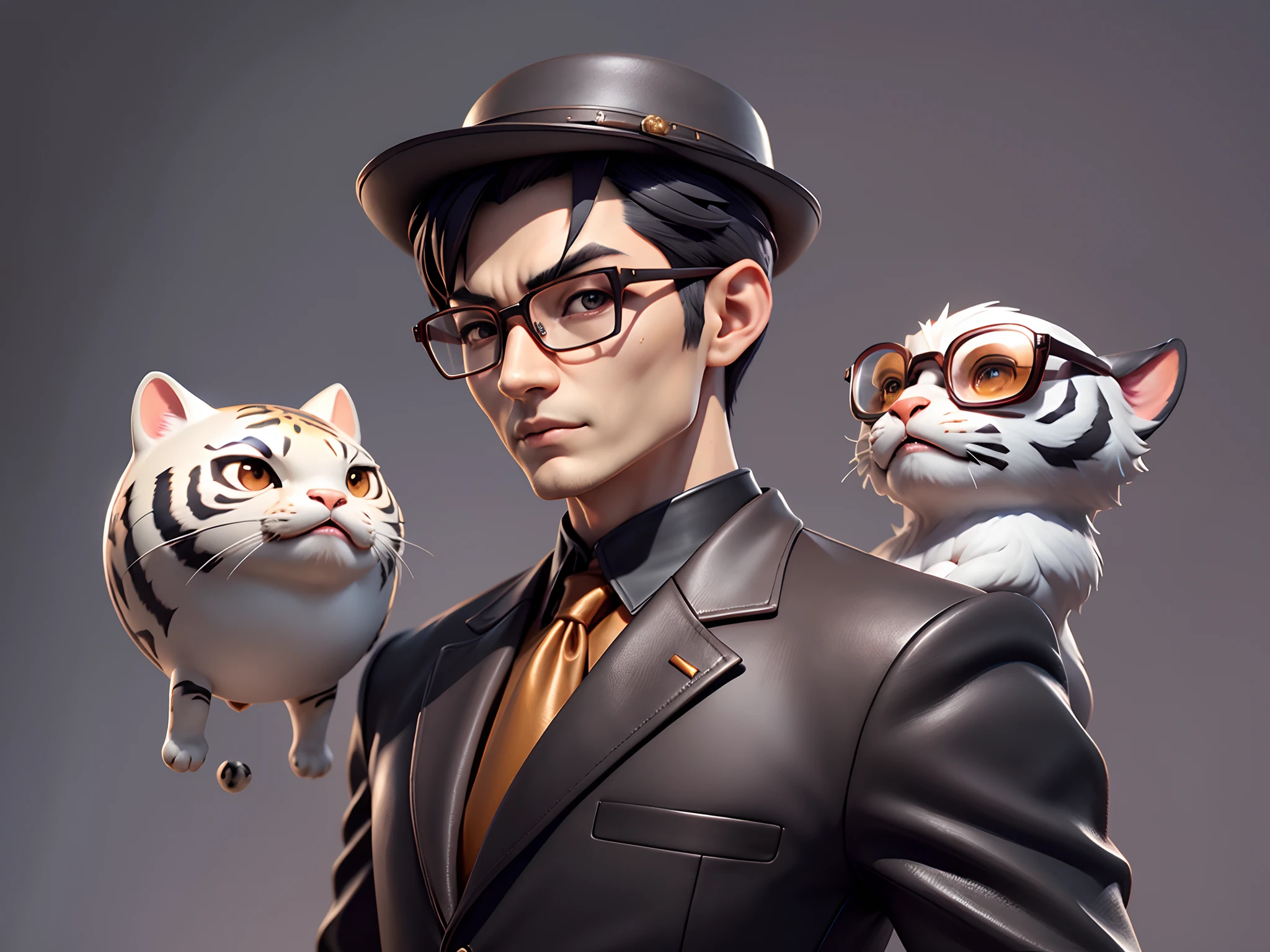 Young man with oriental face in leather hat, tiger, oriental face in formal suit, short black hair, silver glasses, digital painting, 3D character design by Mark Clairedon and Pixar and Hayao Miyazaki and Akira Toriyama, the illustration is a high-definition illustration in 4K resolution with very detailed facial features and cartoon-style visuals.
