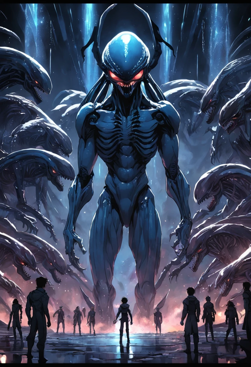 Venom and Frieza from Dragon Ball、genetic research institute。There is a large glass cylinder used for scientific experiments。They are each contained in a cylinder。