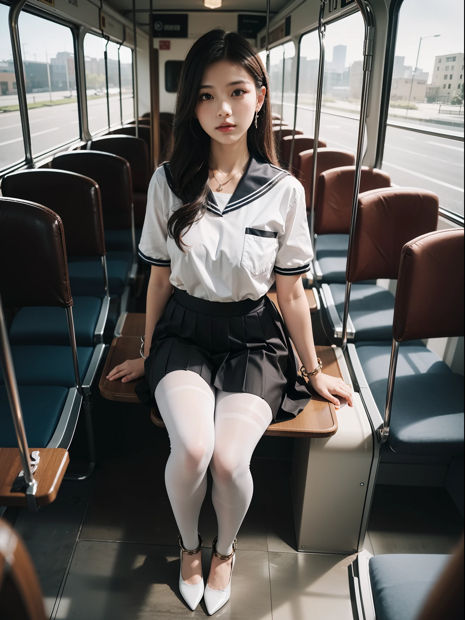 (full body:1.5),((girl):1.4),(view the viewer:1.4),(anatomy correct:1.3),(Sitting on a bus:1.2),(A Brown and tan Sailor suit and checkered high waisted pleated skirt :1.2),((white Pantyhose):1.32),( girl pointed thick heels :1.1),((Metal shackles and handcuffs):1.3),(Accurate and perfect face:1.3),hyper HD, Ray traching, reflective light, structurally correct, Award-Awarded, high detail, lighten shade contrast, Face lighting ,cinematic lighting, masterpiece, super detailing, high quality, high detail, best quality, 16k,High contrast,