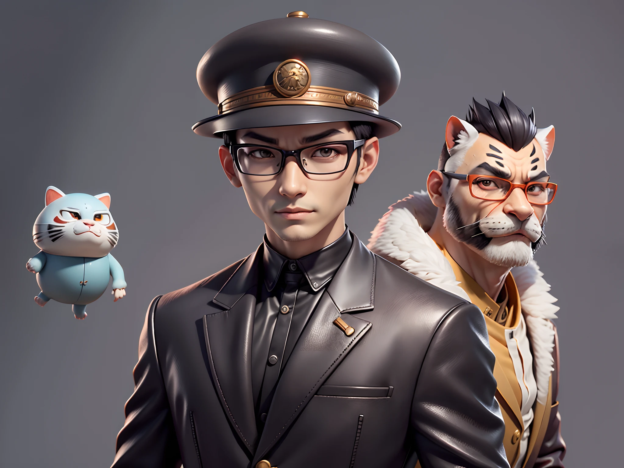 Young man with oriental face in leather hat, tiger, oriental face in formal suit, short black hair, silver glasses, digital painting, 3D character design by Mark Clairedon and Pixar and Hayao Miyazaki and Akira Toriyama, the illustration is a high-definition illustration in 4K resolution with very detailed facial features and cartoon-style visuals.