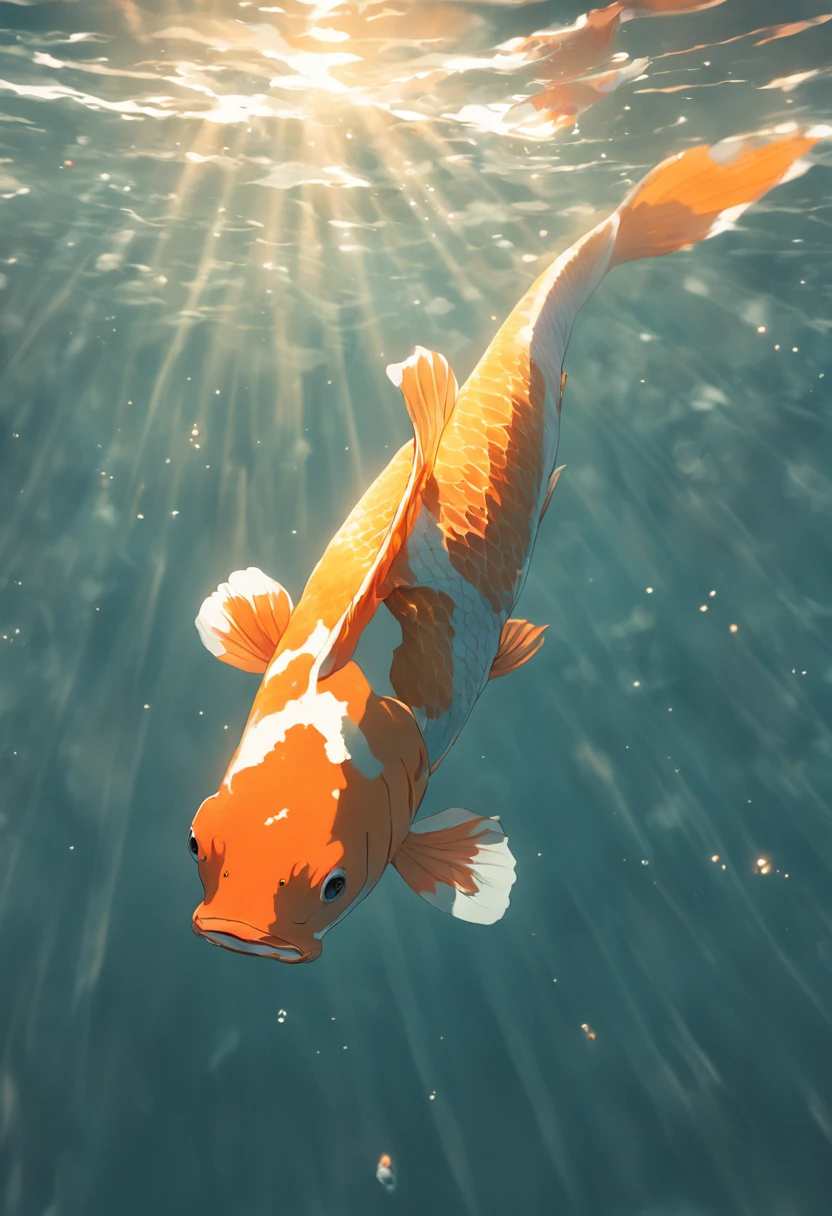 Underwater Photography of shimmering Koi fish, swimming gracefully around an individual's outstretched hand, within the translucent waters of a rock-bordered pond, presenting a dance of trust and beauty, wide-angle shot displaying the expansive aquatic canvas, natural sunlight penetrating the water, photographed by Rinko Kawauchi, inspired by the fluidity of Japanese ink paintings, conveying peace and connection, the delicate flow of fins in high resolution, celebrated in aquatic exhibitions
