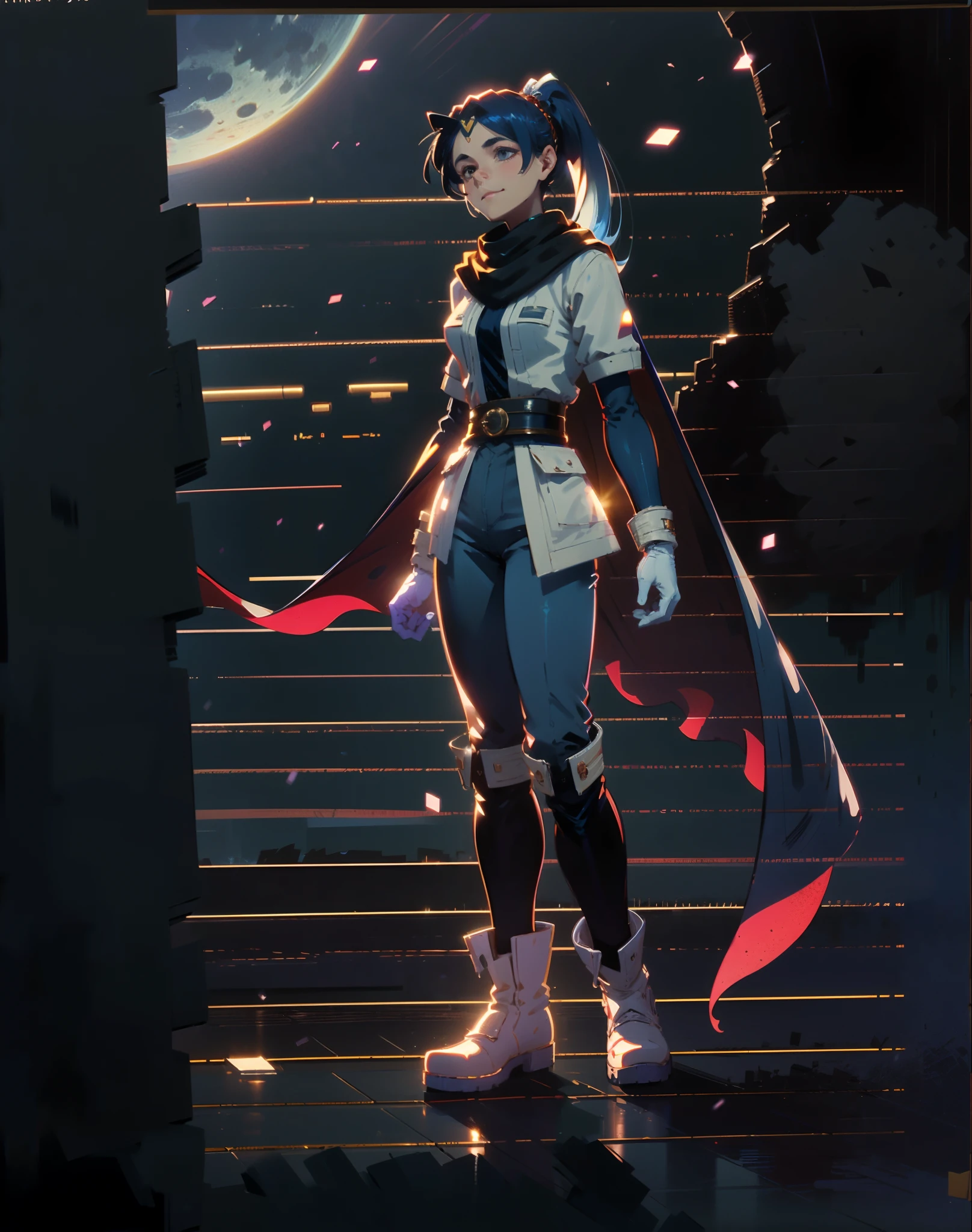 A beautiful girl with indigo blue hair, tied in a ponytail, wears a moon-patterned headband on her forehead, her expression is cheerful, her eyes bright, a hearty smile, wears a fantasy-style adventurer outfit, has a cape draped over her shoulders, wears gloves, her lower half is outfitted with rugged trousers, knee-high leather boots, the scene is filled with swirling sand, the character design portrays a fantasy adventurer character with anime design, the artwork features finely detailed character design, showcasing a mature manga artistic style, ((character concept art)), full body character drawing, high definition, best quality, ultra-detailed, extremely delicate, anatomically correct, symmetrical face, extremely detailed eyes and face, high quality eyes, creativity, RAW photo, UHD, 32k, (Natural light, professional lighting:1.2, cinematic lighting:1.5), (masterpiece:1.5)