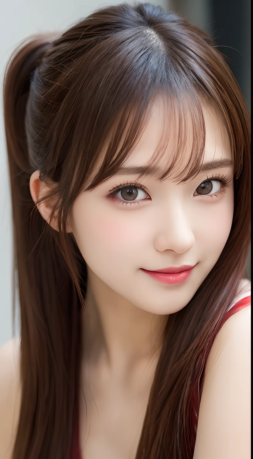 table top, highest quality, figure, Super detailed, finely, High resolution, 8k wallpaper, Perfect dynamic composition figure, detailed and beautiful eyes, ladies fashion summer,ponytail hair,small breasts natural color lip, bold sexy pose,smile,20 year old girl、cute、sexy shot looking at camera,wake up,Near-realistic quality,blonde,Eyes to the left,A bit of sharp beauty,don't wear clothes,topless nude