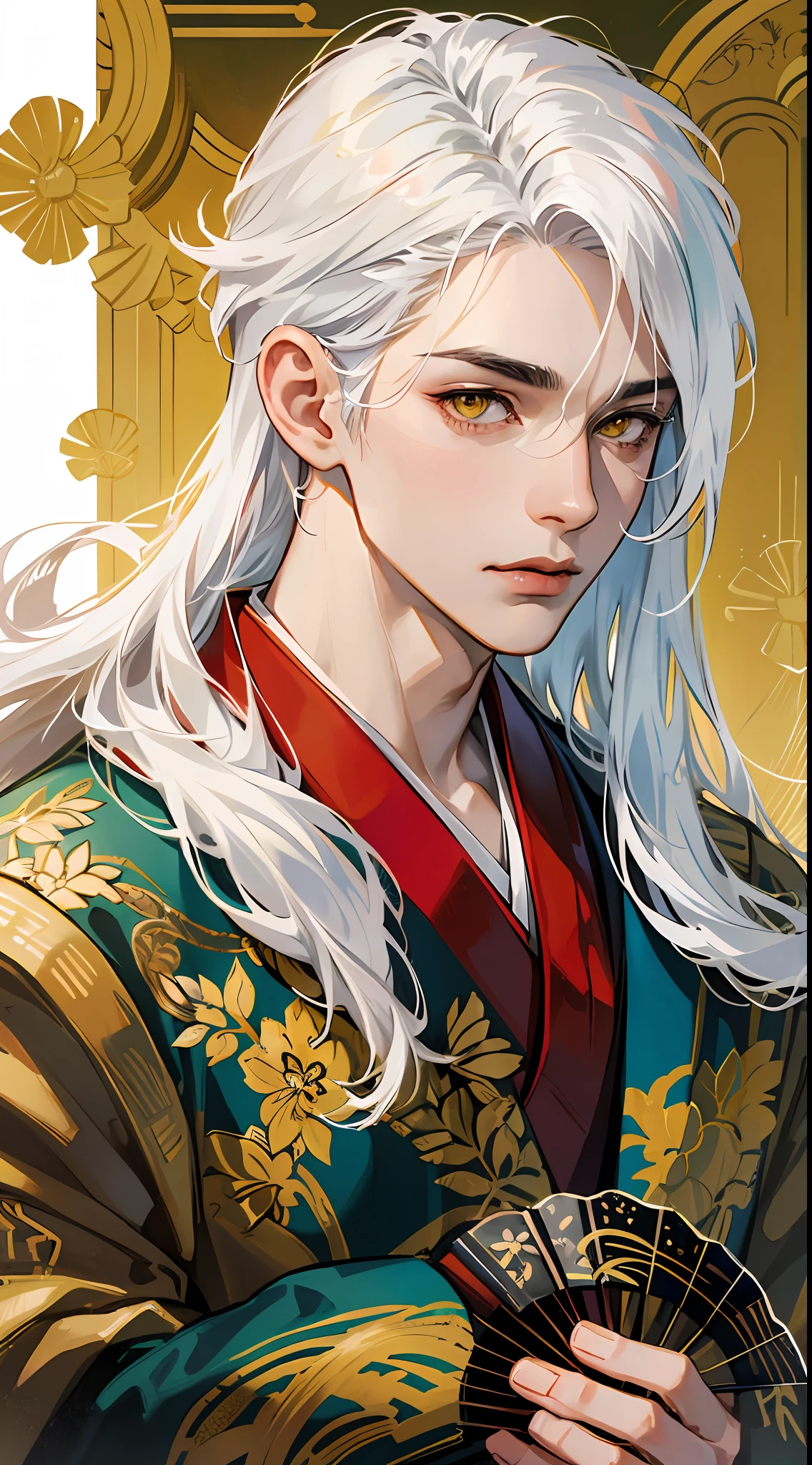 (((1boy))), ((toned)), male focus, masterpiece, high quality, (masterpiece:1.2), (best quality:1.2), shiny skin, realistic, ornate, intricate, ((white hair)), (long hair), yellow eyes, bangs, hair between eyes, hair_stick, japanese_clothes, jewelry, solo, , hair_ornament, hair_pin, holding_fan, paper_fan, elegant, looking_at_viewer, holding_fan, red_eyeliner,  FH, historic scene, potrait, focus face, zoom face