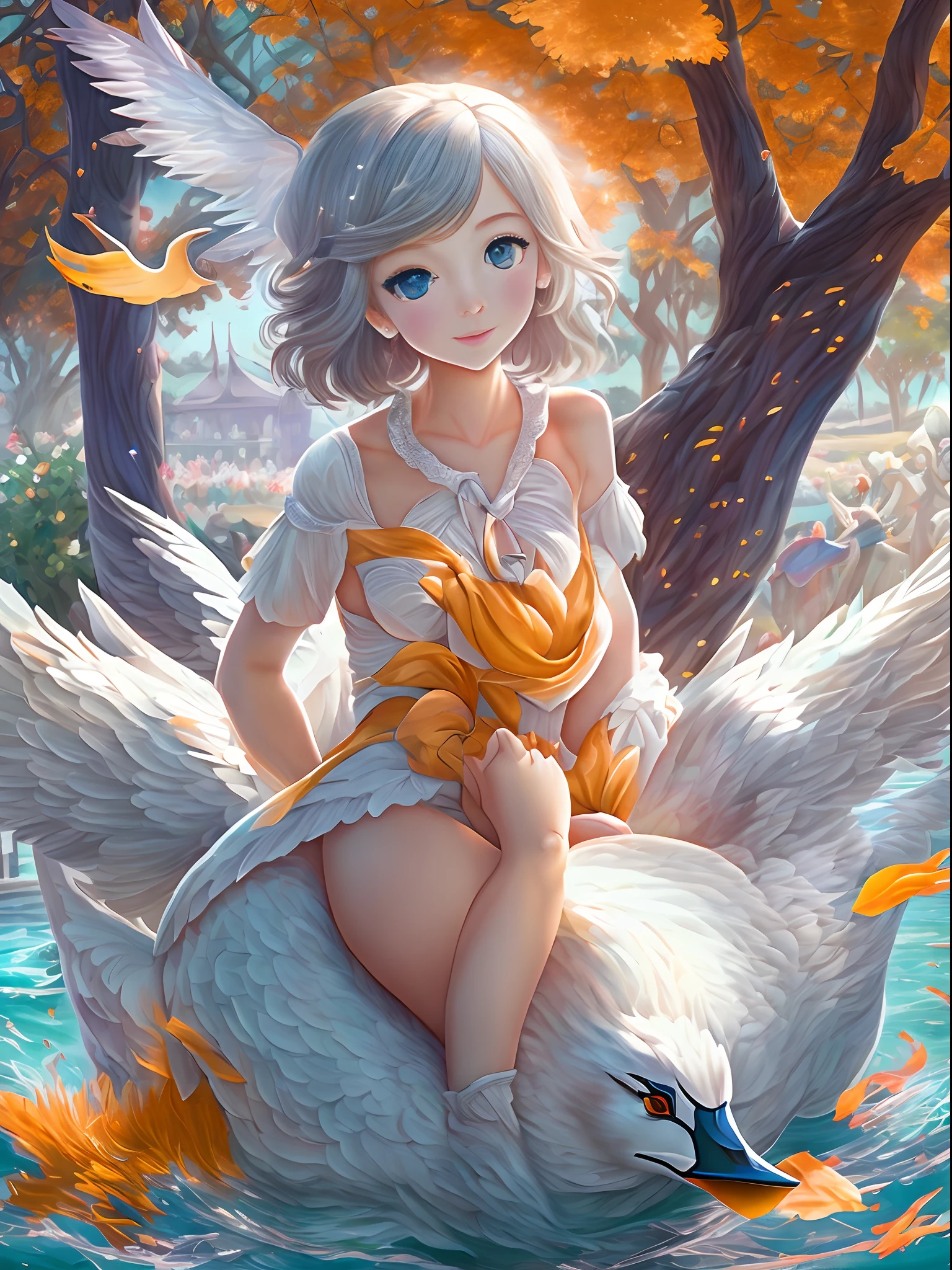 (Best Quality, Masterpiece: 1.1), (Realistic: 1.4), Beautiful naked girl is riding on the orange swan, god ray, teen, silver short hair, blue eyes, full body, from below, hourglass body shape, flying over the park,crystallineAI