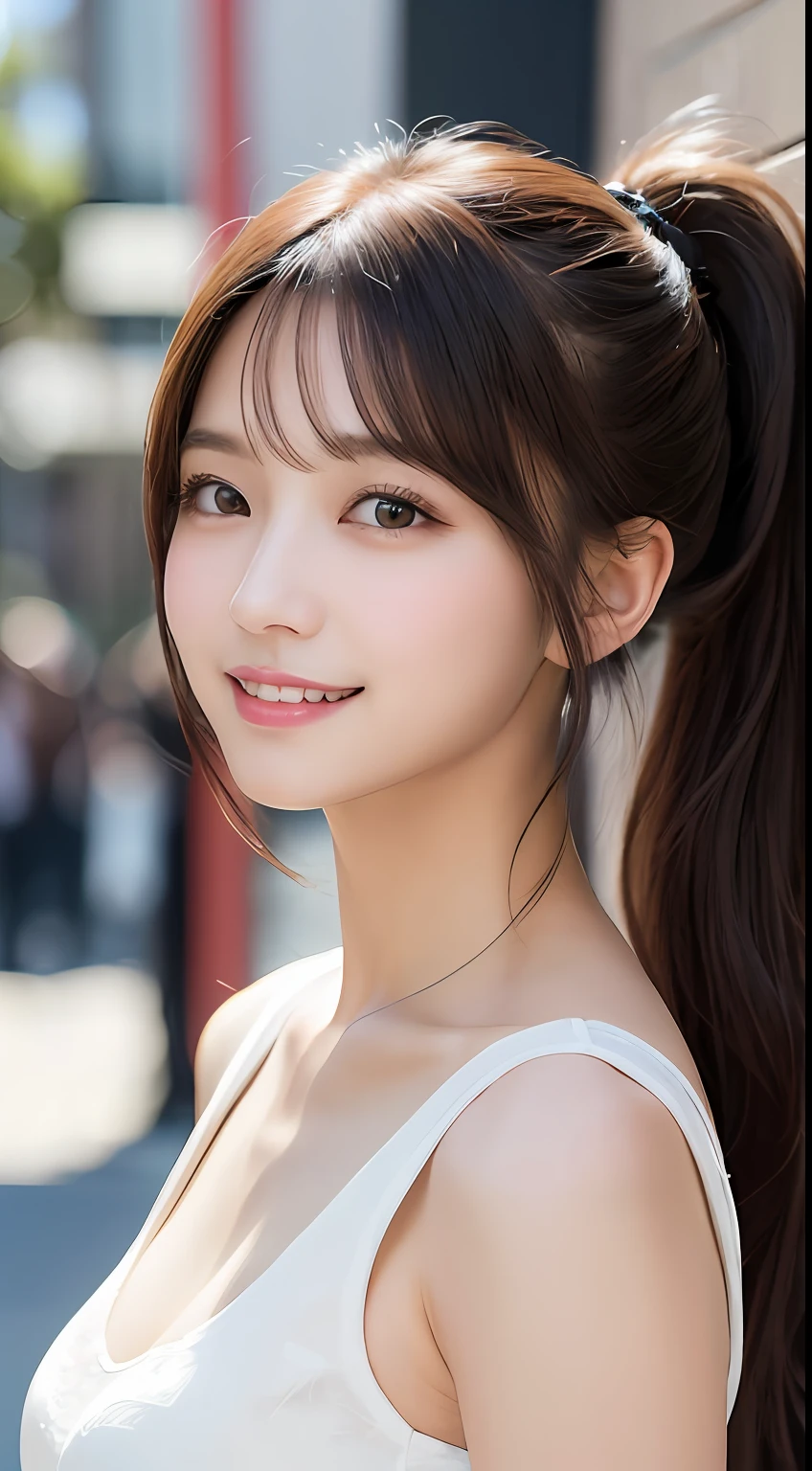 masutepiece, Best Quality, Illustration, Ultra-detailed, finely detail, hight resolution, 8K Wallpaper, Perfect dynamic composition, Beautiful detailed eyes, Women's Fashion Summer,Ponytail hair,Small breasts natural color lip, Bold sexy poses,Smile,Harajuku、20 years girl、Cute、Sexy shot looking at camera