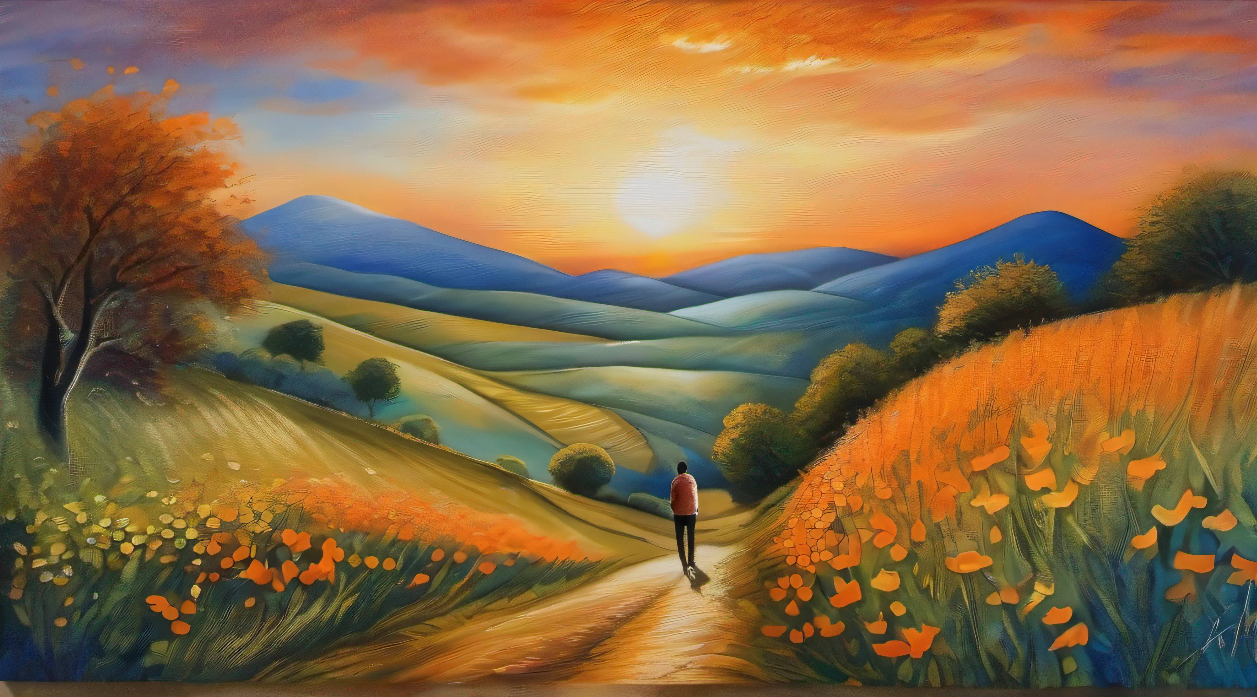 Um casal sentado em uma casa de madeira azul claro, olhando para as luzes da cidade ao entardecer. The sky is dyed orange, creating a warm and romantic atmosphere. The style of the painting is watercolor, inspirado em Van Gogh, with pastel tones that capture the softness of ambient light. The scene is focused on the relationship between the couple and the serene beauty of the city in the background