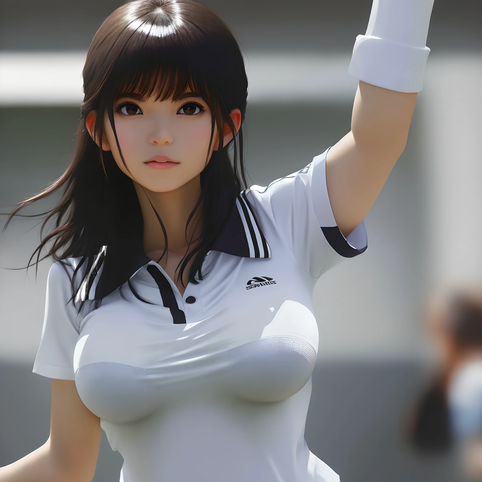 1girl, 独奏, White polo shirt, White sneakers, tennis wear, Yoga pants for, tmasterpiece, Best quality at best, realisticlying, ultra - detailed, (shiny skins, perspired:1.4), absurderes, looking at viewert, with short black hair, with brown eye,slenderness,Dynamic light and shadow,A high resolution,Sharp focus,depth of fields,The eyes are delicate,Sharp pupils,pupil realistic,(Transparent large breasts:1.6),(Thigh thick:1.0),exteriors,Skysky