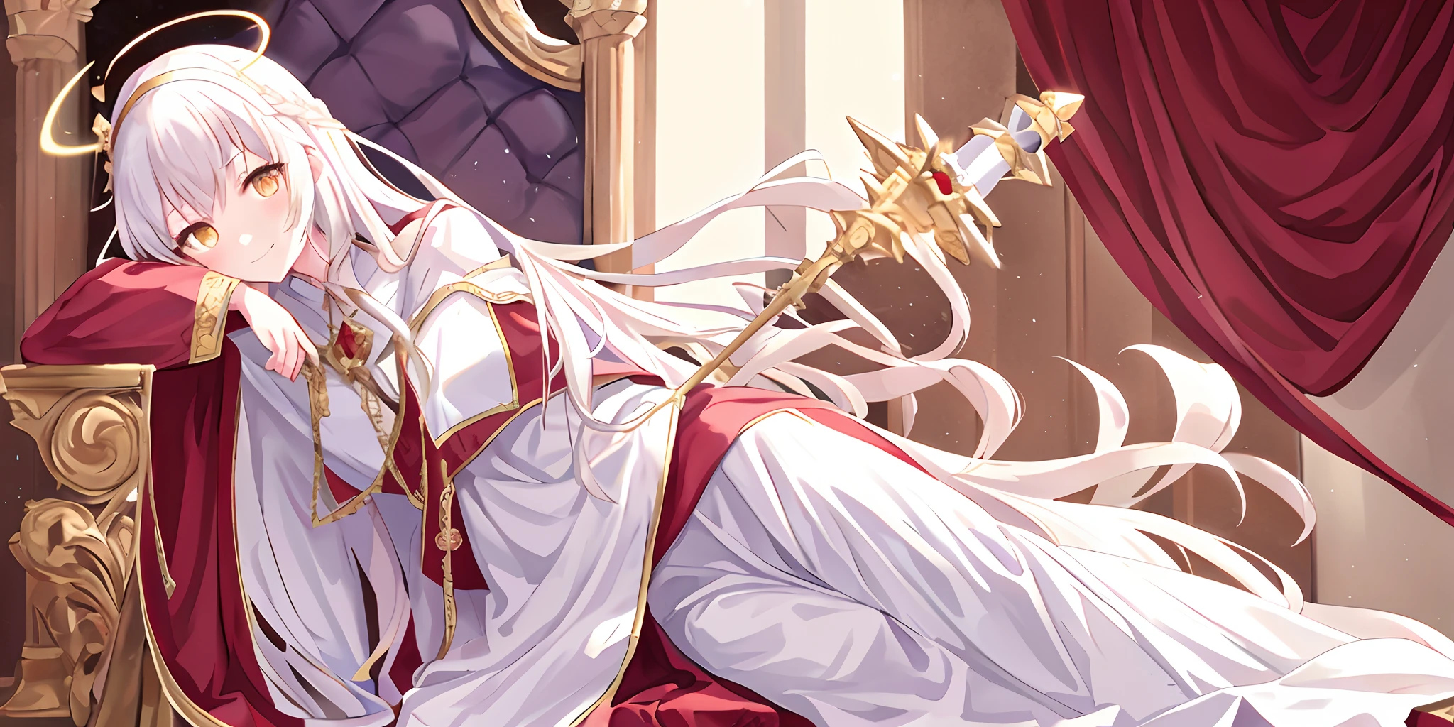 Pope all over the body,one-girl,Poor milk,On the scepter,Lie down in bed(long white robe,The pattern is complex))red shawl,(cute anime face),Gold eyes,long white hair,ssmile,The halo,(Sit on a low throne),In a magnificent castle,ultraclear