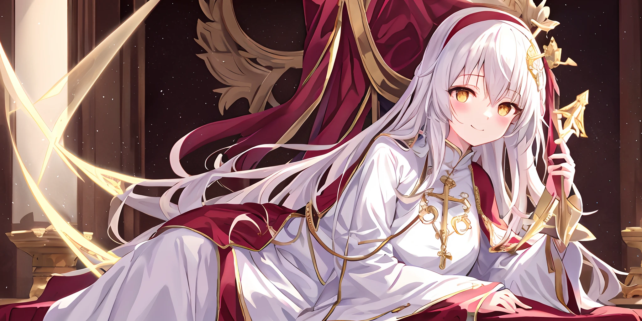 Pope all over the body,one-girl,Poor milk,On the scepter,Lie down in bed(long white robe,The pattern is complex))red shawl,(cute anime face),Gold eyes,long white hair,ssmile,The halo,(Sit on a low throne),In a magnificent castle,ultraclear