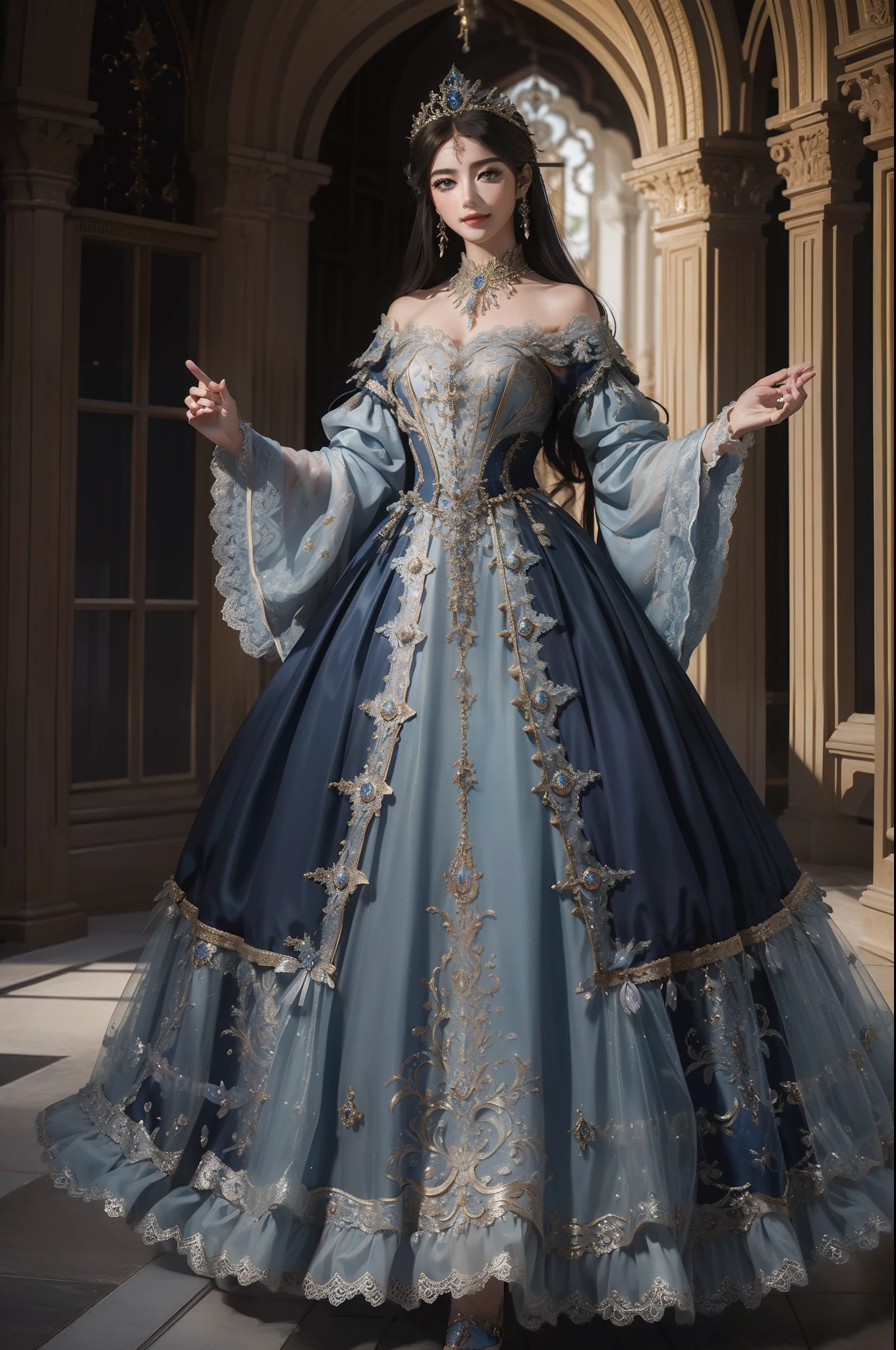 Full body、((top-quality、​masterpiece、in 8K))、Beauty 1 person、delicate and beautiful face、extremely detailed eye and face、beatiful detailed eyes、18year old、（Rococo glamorous blue dress）、Beautiful long hair、Elegant smile、（Walk gracefully through the medieval European-style streets）、ornate headdress、Pedras preciosas、Luxury accessories、European-style castle、Cinematic lighting、Textured skin、Super Detail、high detailing、High quality、hight resolution、Medieval European style、Pedras preciosas、looking at viewer、Elegant smile、full body、europian