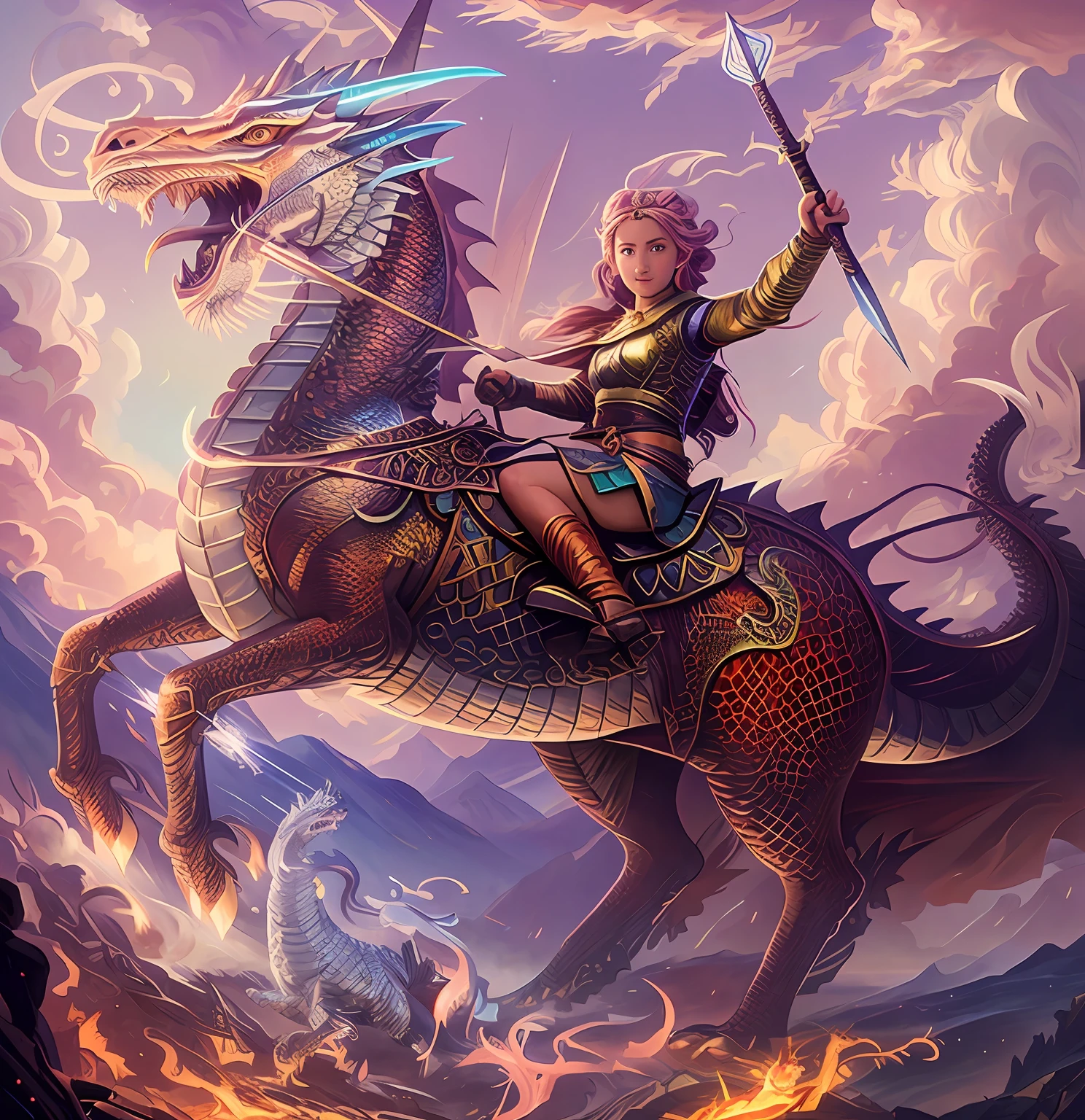 Painting of a woman riding a horse with a sword and dragon, Dragon Rider, Dragon Ride, android jones and rhads, epic fantasy digital art style, teenage girl riding a dragon, Fat vs Dragon. passenger, Children's art in art, Epic Fantasy Illustration, Jesus rides a dragon, by Adam Marczyński, digital painting greek mythology