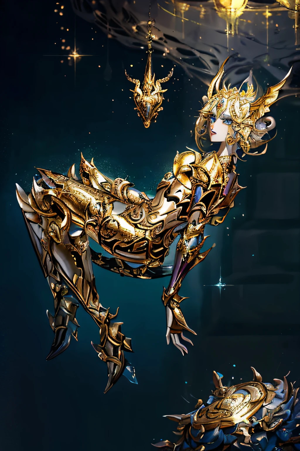 There is a dragon that is flying in the air, exoesqueleto ornamentado, pele dourada elegante, de um belo warframe saryn, ornate bikini armor, ornate gilded cosmic machine, armadura dourada e brilhante de cobre, O Cavaleiro da Armadura do Gato Dourado, cosplay ornamentado, ornate galactic gold, mystical anubis valkyrie, ornate supreme demon overlord, gilded lotus princess, intrincada armadura dourada