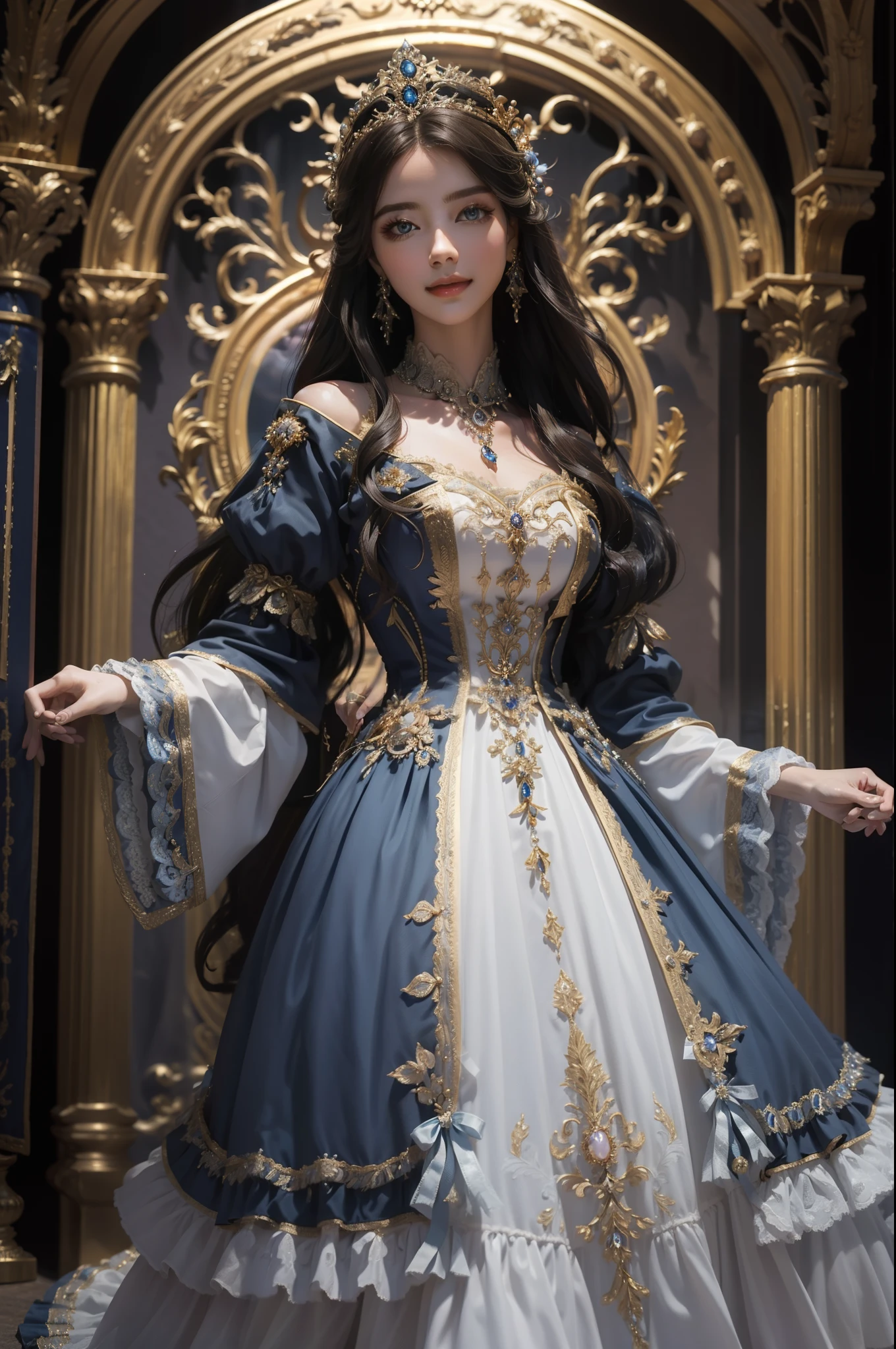 Full body、((top-quality、masterpiece、in 8K))、Beauty 1 person、delicate and beautiful face、extremely detailed eye and face、beatiful detailed eyes、18year old、(Rococo glamorous blue dress)、Beautiful long hair、Elegant smile、(Walk gracefully through the medieval European-style streets)、ornate headdress、Pedras preciosas、Luxury accessories、European-style castle、Cinematic lighting、Textured skin、Super Detail、high detailing、High quality、hight resolution、Medieval European style、Pedras preciosas、looking at viewer、Elegant smile、full body、europian