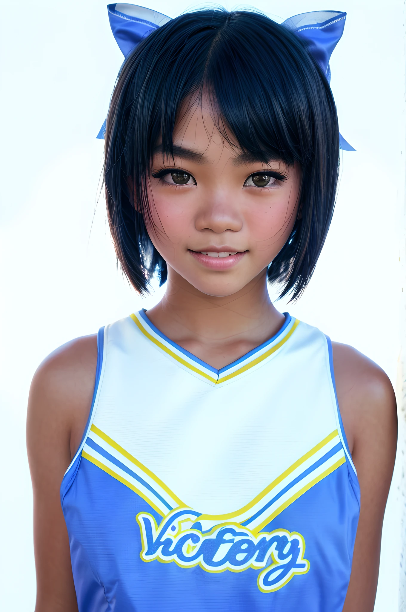 Lifestyle photography photo of a filipina teen in a cheerleader uniform, hair bow, (dark skin), bob haircut, smile,looking at viewer, dark brown eyes, pupils, upper body framing, no background, under (natural lighting:1.3), shot at eye level, on a Sony A7111, with a (soft focus filter:1.3)