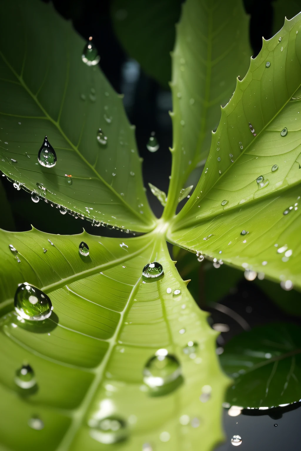 Create an image that showcases the beauty of raindrops falling on leaves. Experiment with capturing the reflections and patterns created by raindrops on leaves, hyper details, masterpiece, best quality