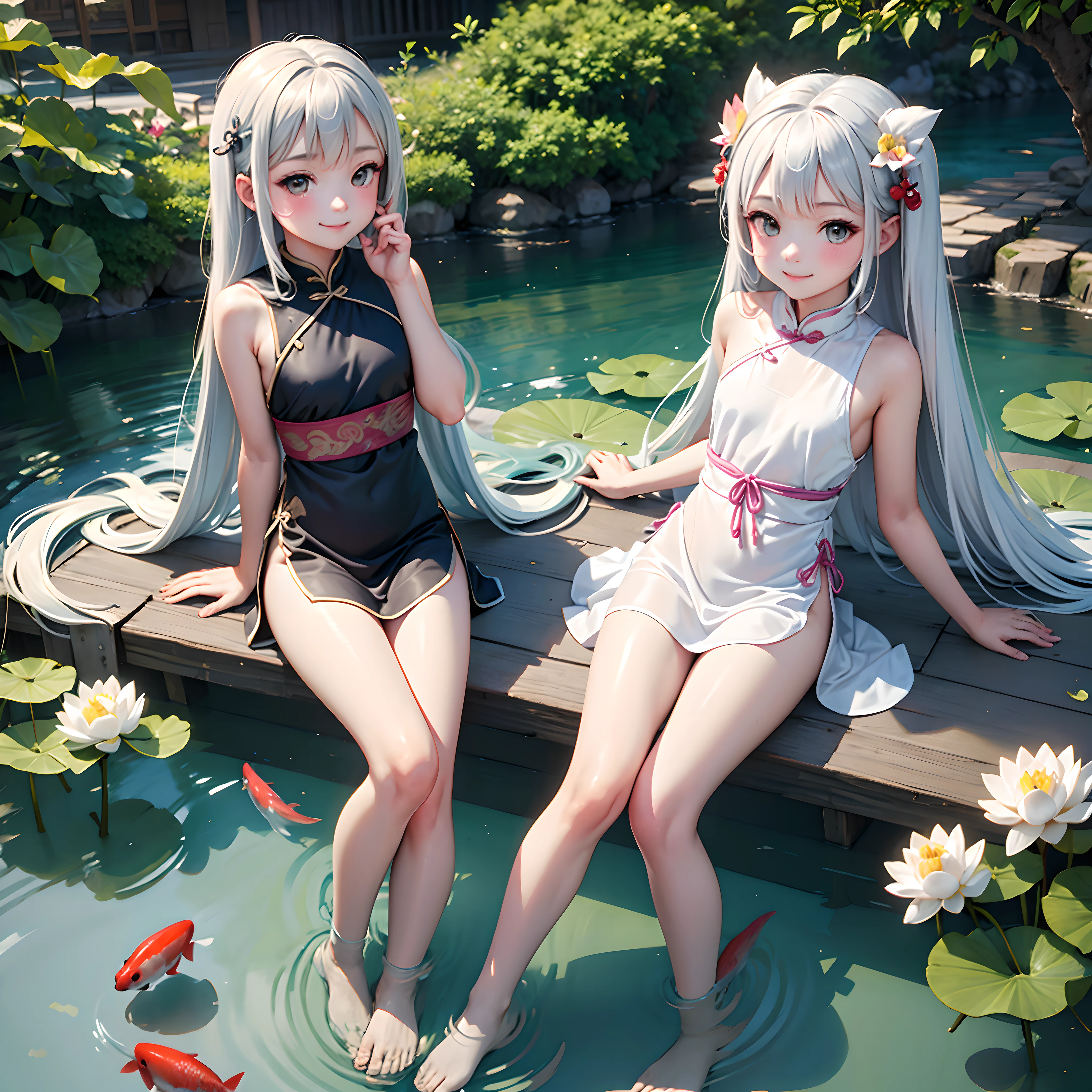 Dragon Boat Festival, Three children in Hanfu are rowing a dragon boat on the water.。, There are delicious chimaki on the boat., green zongzi are Very detailed, Best Quality, There is a lotus leaf on the water, Very detailed ((Toddler girl)) (())((naked)) ((nsfw))Long Hair((See-through clothing))