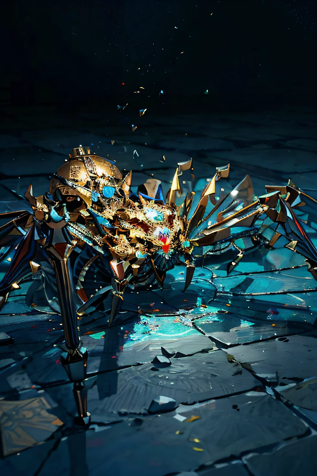 There is a spider made of metal and glass on a stone floor, the hydra from path of exile, 8 K HD WallpaperArtefato jpeg, 8k hd wallpaperjpeg artefato, Mechanical spider legs, Directed by: Aleksander Gierymski, exoesqueleto ornamentado, Directed by: Aleksander Kobzdej, Directed by: Aleksander Gine, por jeonseok lee