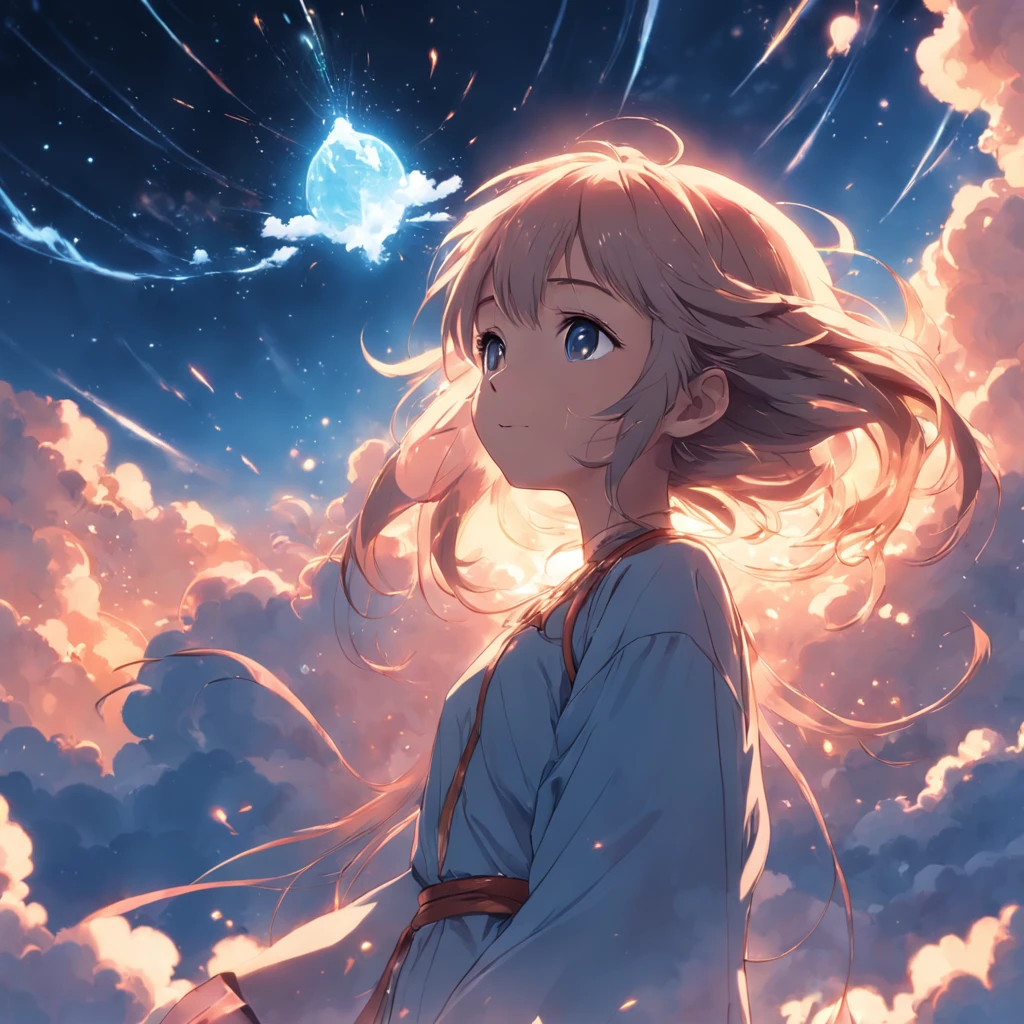 masterpiece, best quality, movie still, 1girl, cloud girl, floating in the sky, close-up, bright, happy, warm soft lighting, sunset, (sparks:0.7)