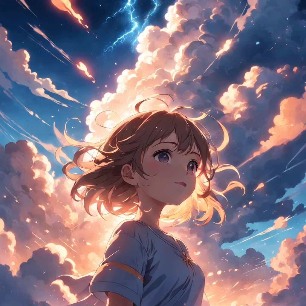 masterpiece, best quality, movie still, 1girl, cloud girl, floating in the sky, close-up, bright, happy, warm soft lighting, sunset, (sparks:0.7)