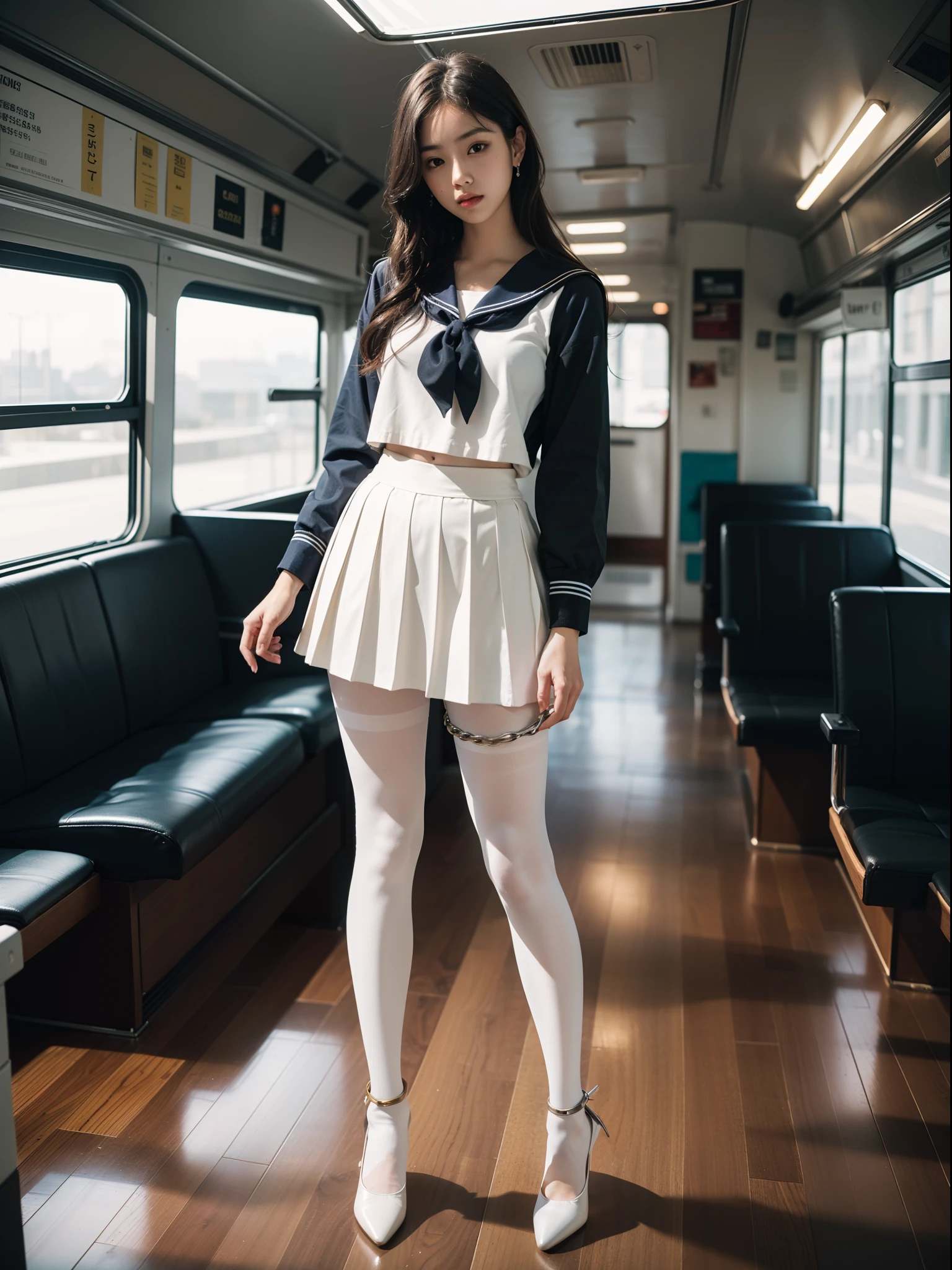 (full body:1.5)，((girl):1.4),(view the viewer:1.4)，(anatomy correct:1.3),(dancing on a bus:1.2),(A Brown and tan Sailor suit and checkered high waisted pleated skirt :1.2),((white Pantyhose):1.32),( girl pointed thick heels :1.1)，((Metal shackles and handcuffs):1.3),(Accurate and perfect face:1.3),hyper HD, Ray traching, reflective light， structurally correct, Award-Awarded, high detail, lighten shade contrast, Face lighting ，cinematic lighting, masterpiece, super detailing, high quality, high detail, best quality, 16k，High contrast,