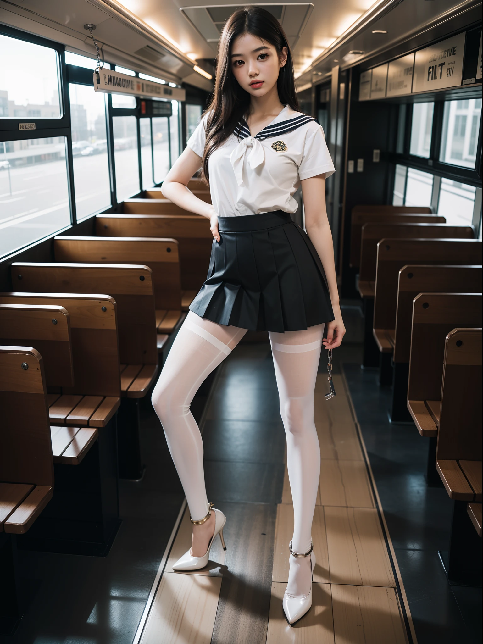 (full body:1.5),((girl):1.4),(view the viewer:1.4),(anatomy correct:1.3),(dancing on a bus:1.2),(A Brown and tan Sailor suit and checkered high waisted pleated skirt :1.2),((white Pantyhose):1.32),( girl pointed thick heels :1.1),((Metal shackles and handcuffs):1.3),(Accurate and perfect face:1.3),hyper HD, Ray traching, reflective light, structurally correct, Award-Awarded, high detail, lighten shade contrast, Face lighting ,cinematic lighting, masterpiece, super detailing, high quality, high detail, best quality, 16k,High contrast,